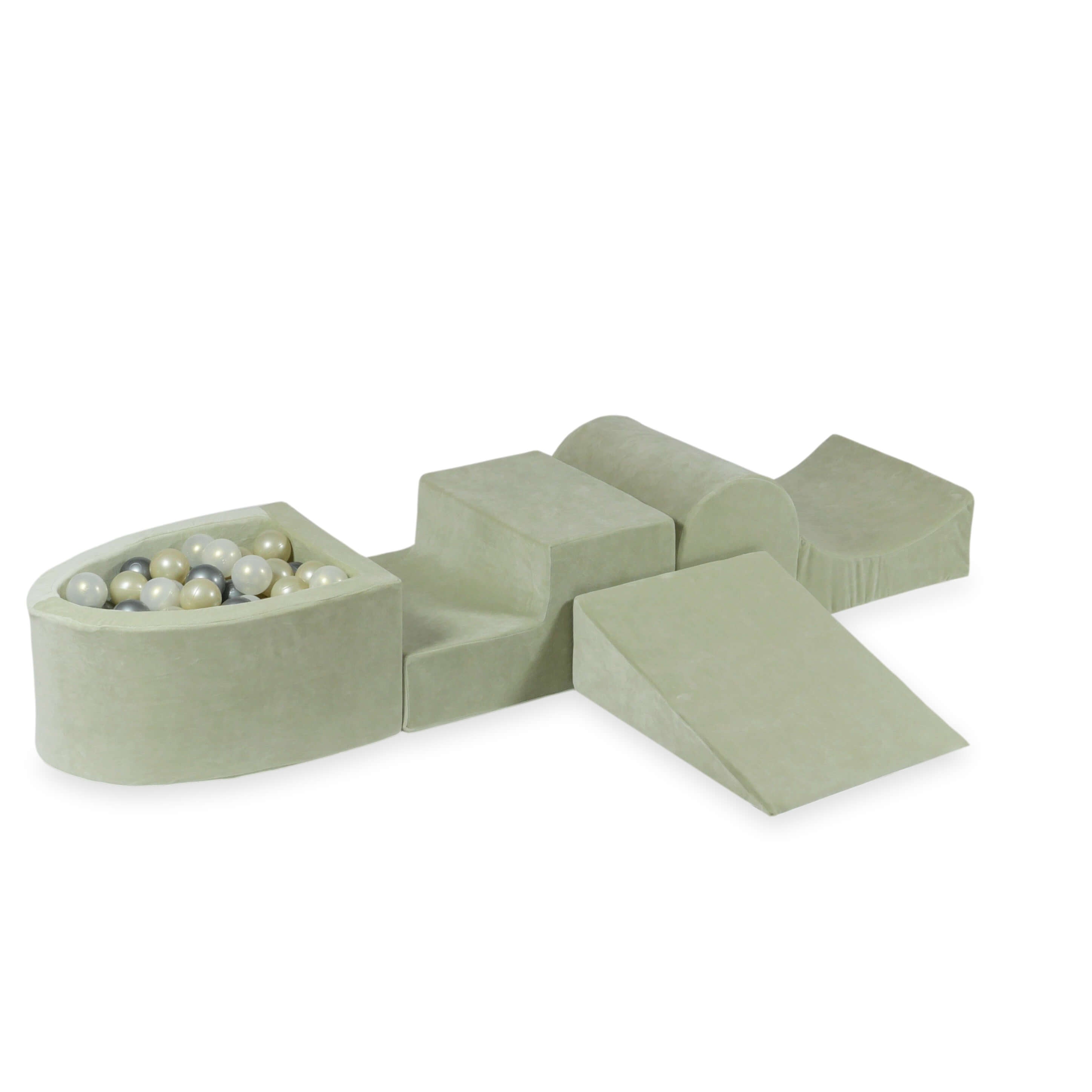 Aire de jeux en mousse avec colline et piscine micro velvet soft pistachio + 100 balles