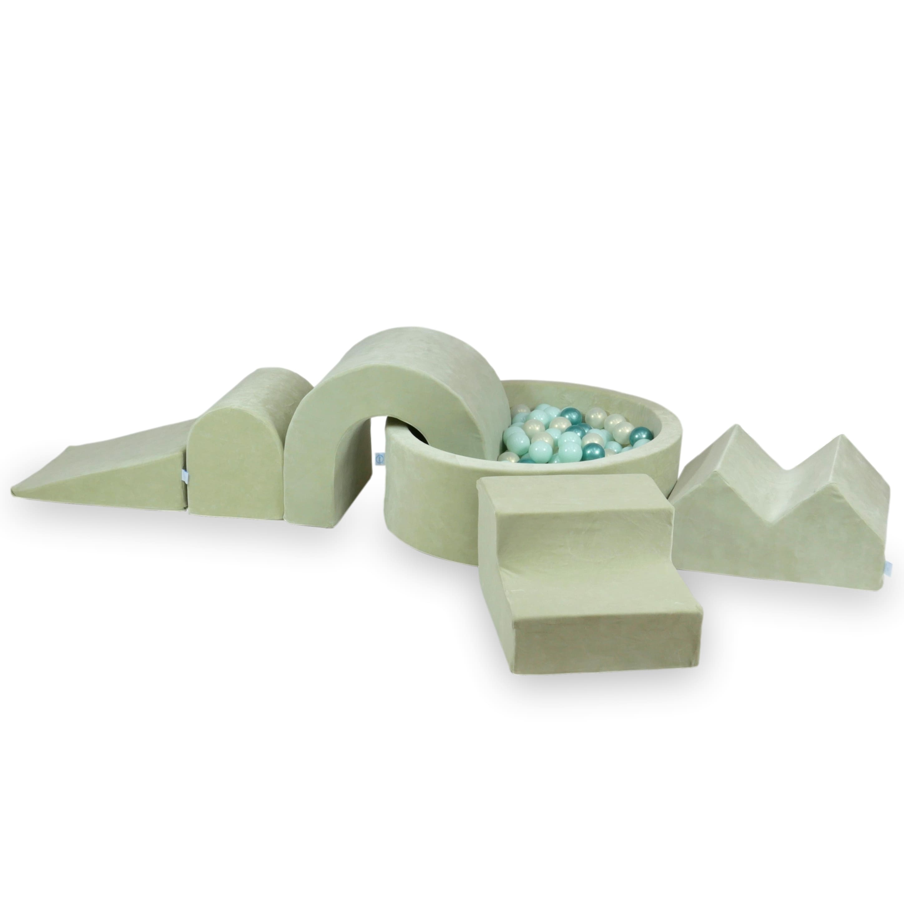 Aire de jeux en mousse avec piscine ronde 90x30 velvet soft pistachio + 5 éléments + 200 balles