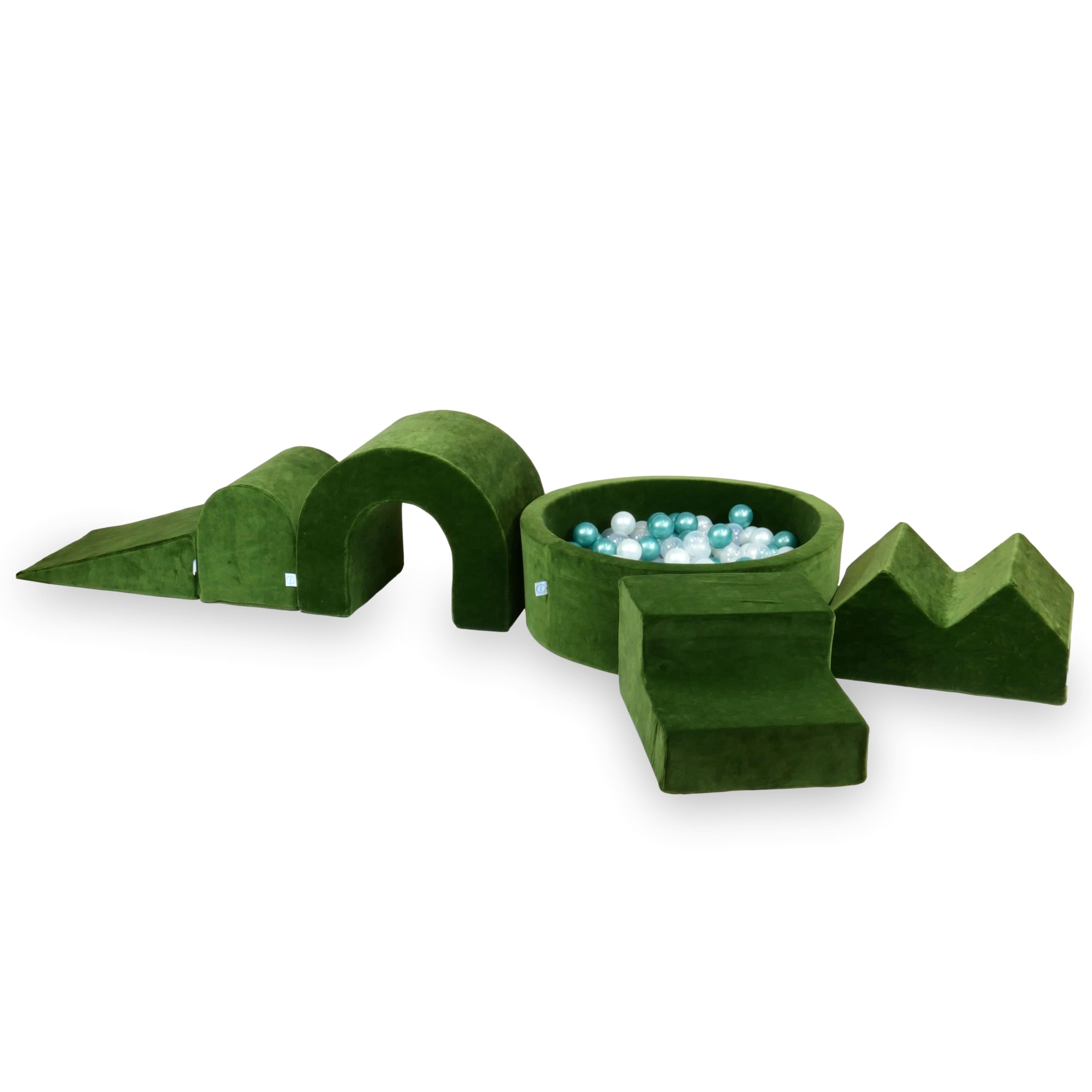 Aire de jeux en mousse avec piscine ronde 90x30 Velvet Soft Olive + 5 éléments + 200 balles (nacré, argenté, or, turquoise métallisé)