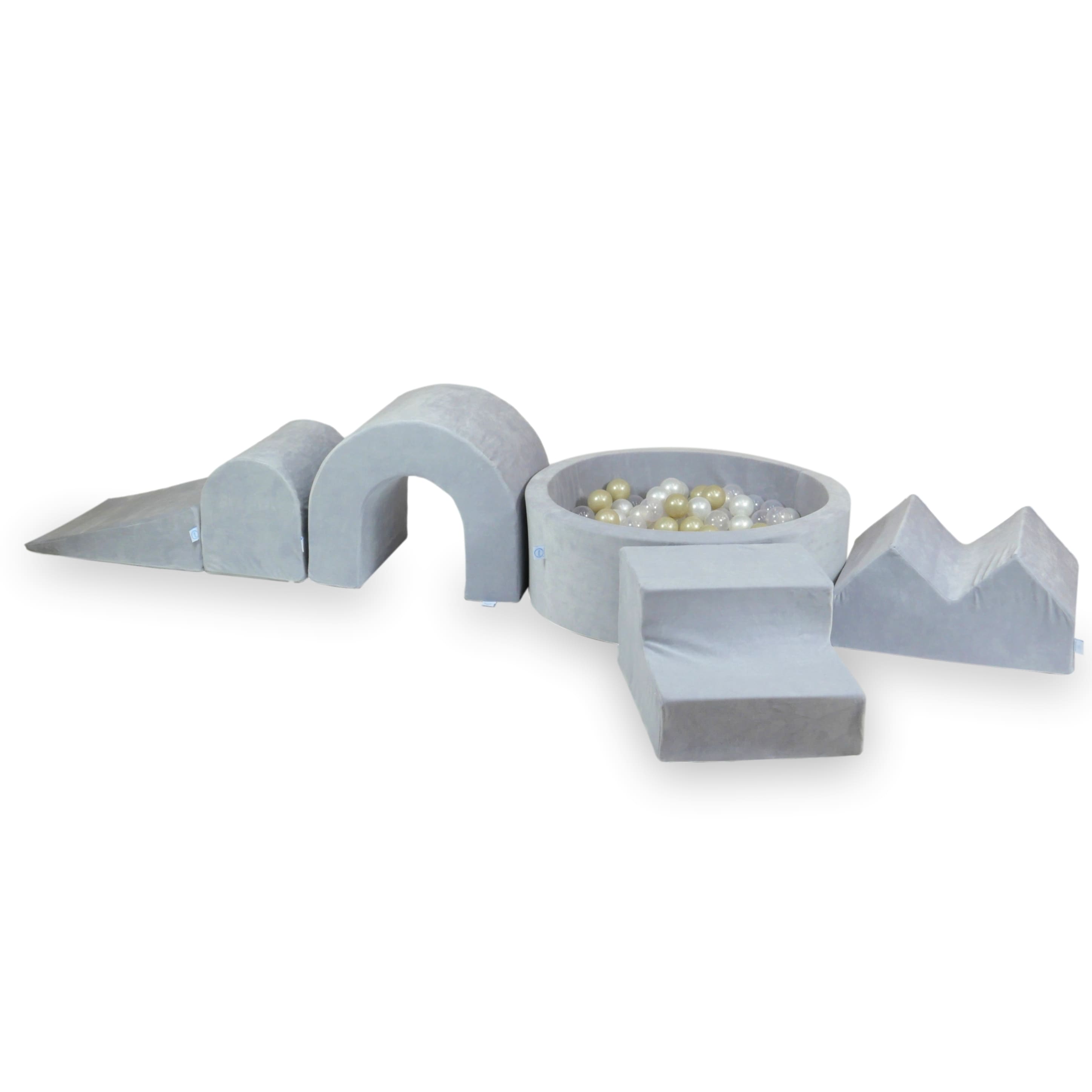 Aire de jeux en mousse avec piscine ronde 90x30 Velvet Soft Gris Clair + 5 éléments + 200 balles (transparent, nacré, argenté, graphite métallisé)