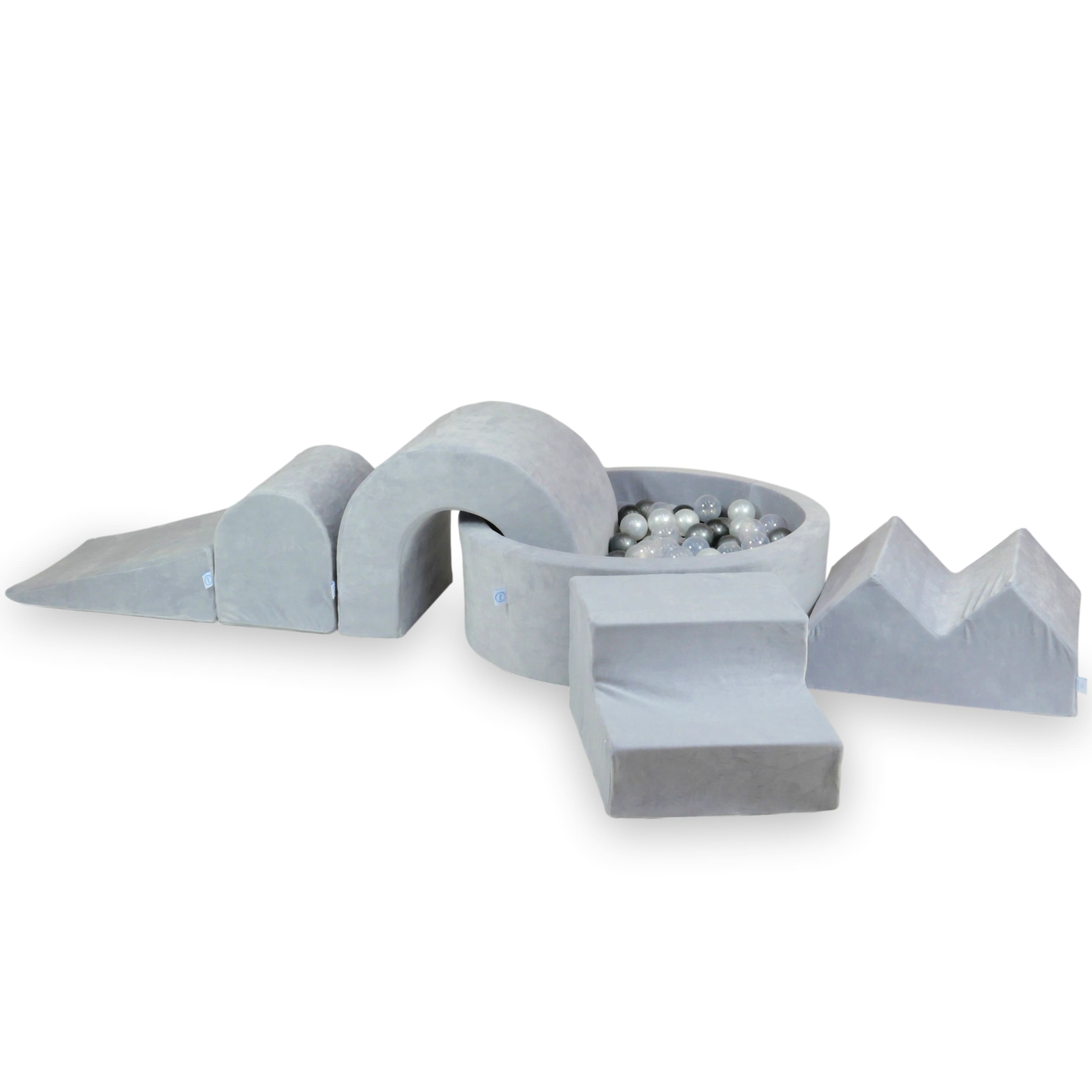 Aire de jeux en mousse avec piscine ronde 90x30 Velvet Soft Gris Clair + 5 éléments + 200 balles (transparent, nacré, argenté, graphite métallisé)