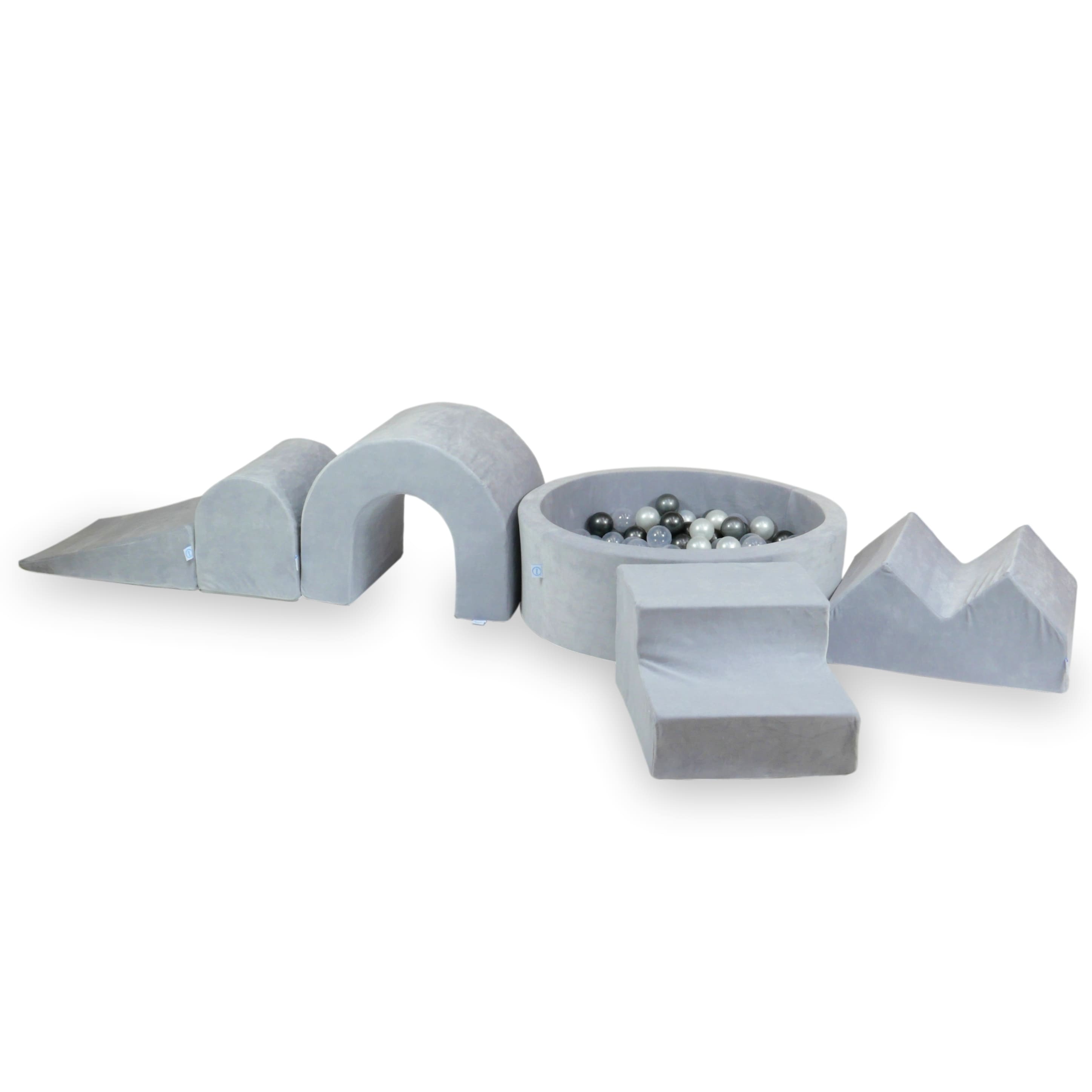 Aire de jeux en mousse avec piscine ronde 90x30 velvet soft gris clair + 5 éléments + 200 balles