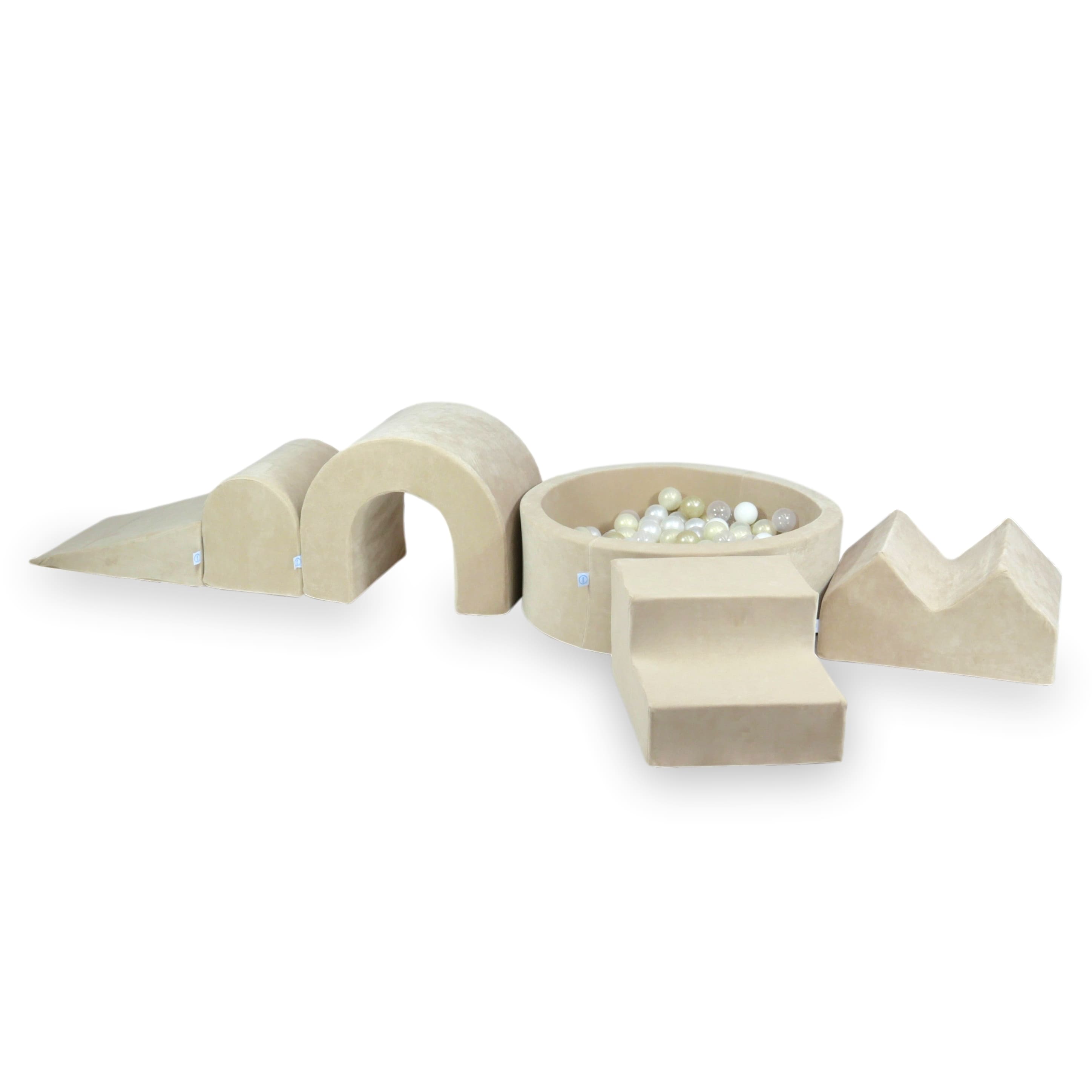 Aire de jeux en mousse avec piscine ronde 90x30 Velvet Soft Beige + 5 éléments + 200 balles (transparent, nacré, argenté, or clair)