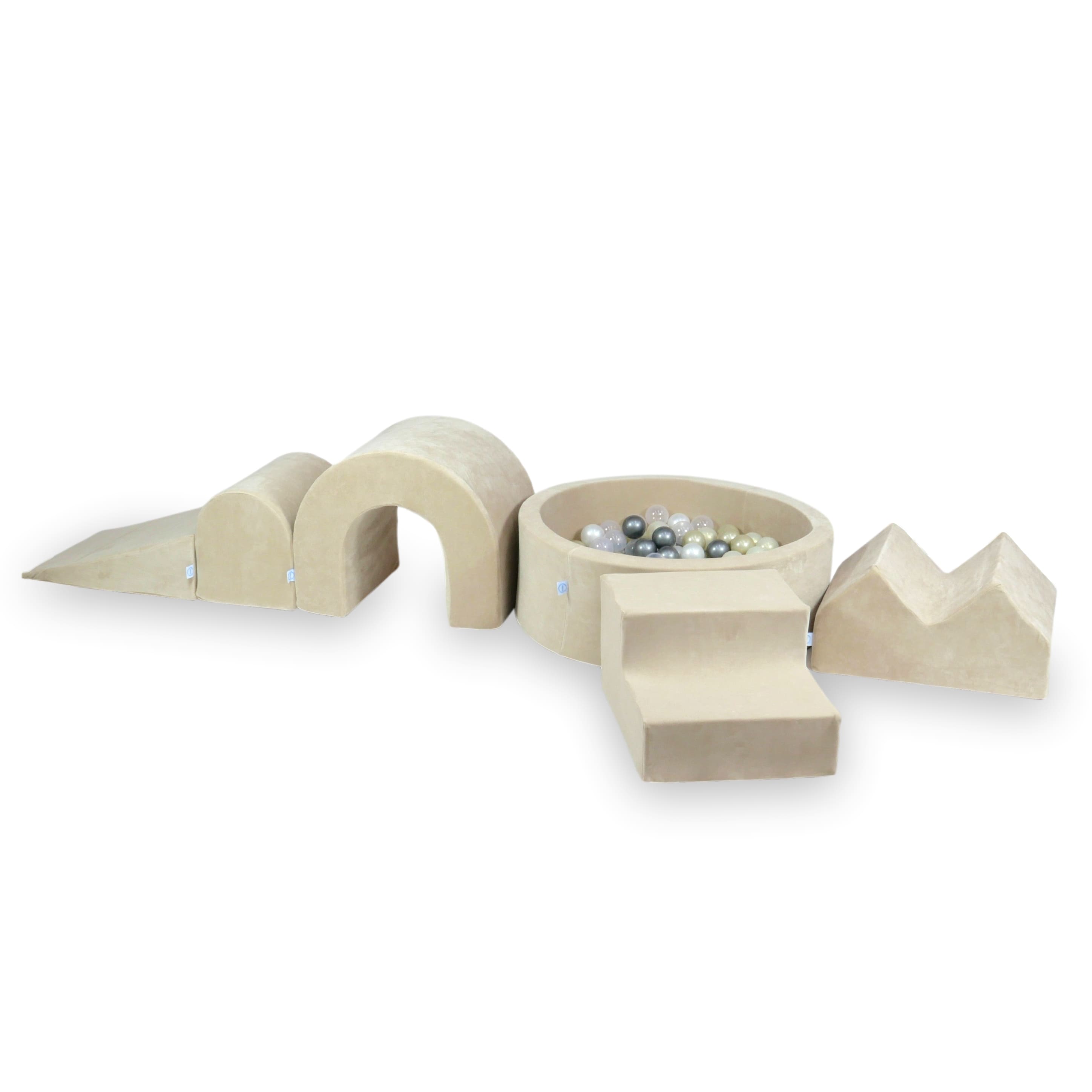 Aire de jeux en mousse avec piscine ronde 90x30 Velvet Soft Beige + 5 éléments + 200 balles (transparent, nacré, argenté, or clair)