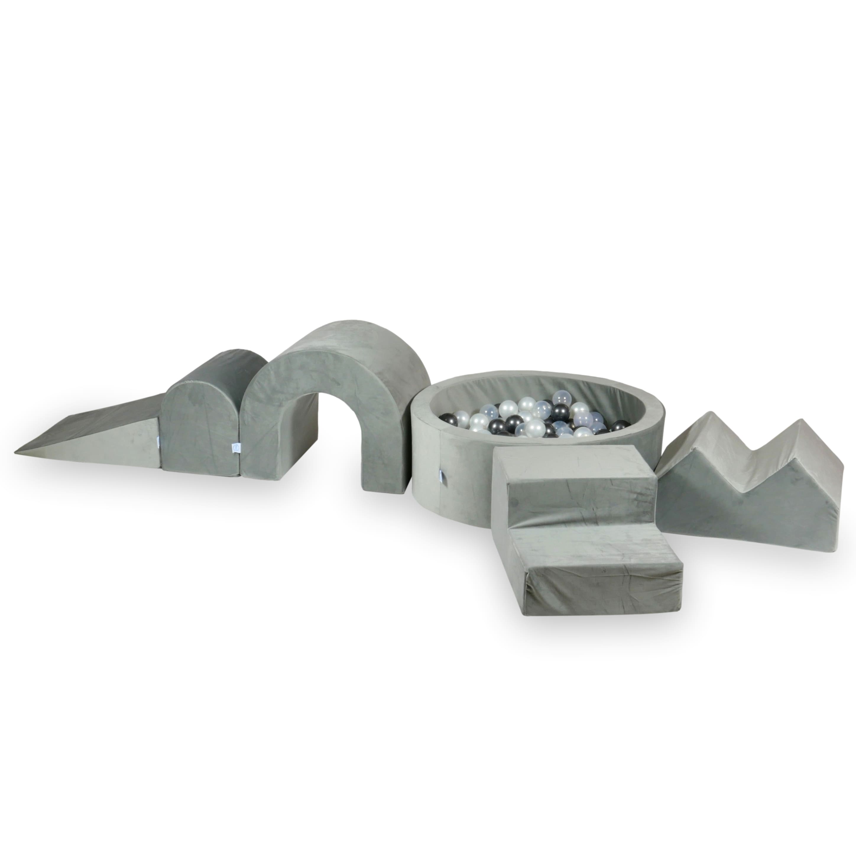 Aire de jeux en mousse avec piscine ronde 90x30 velvet gris + 5 éléments + 200 balles