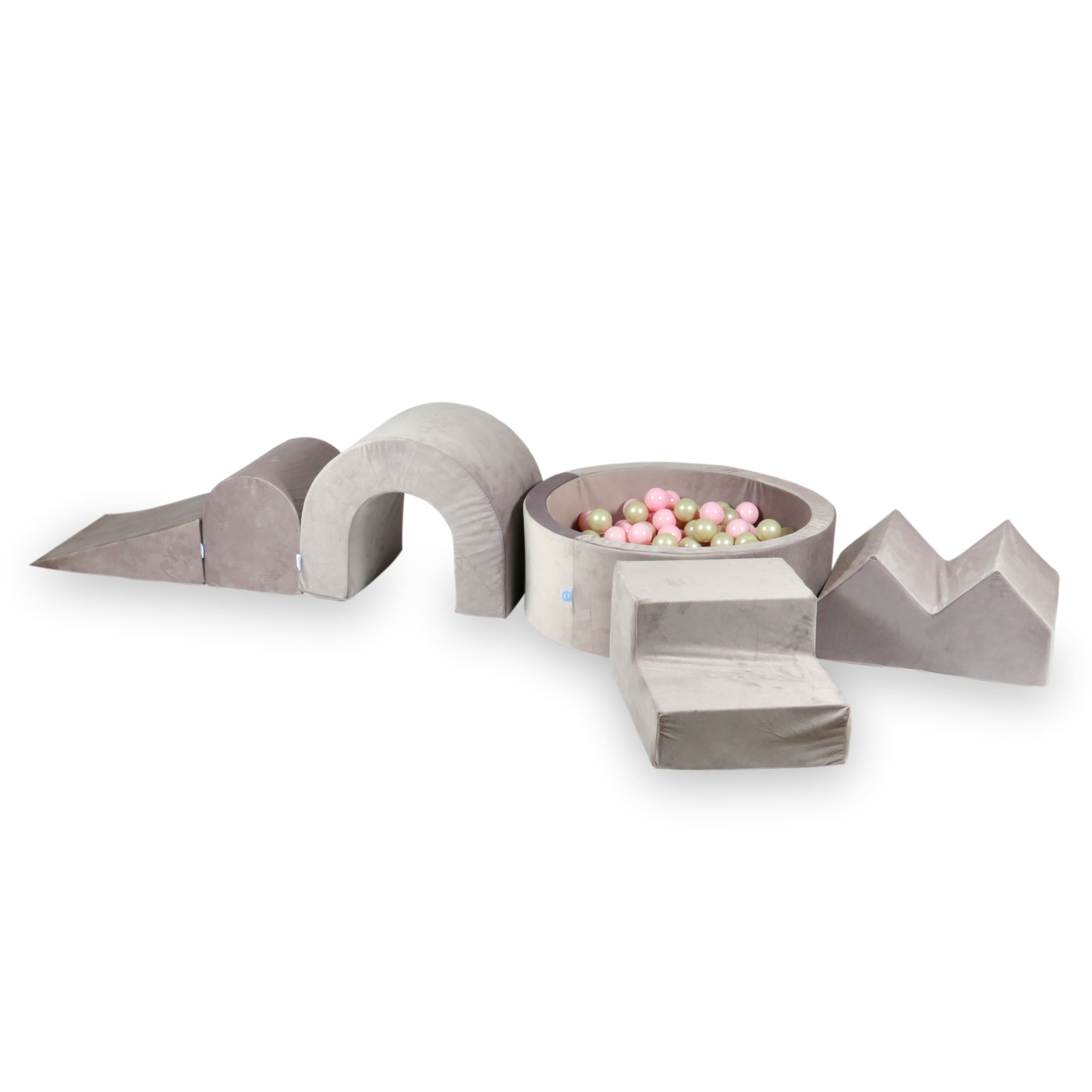 Aire de jeux en mousse avec piscine ronde 90x30 Velvet Lilas + 5 éléments + 200 balles (rose clair, or clair)