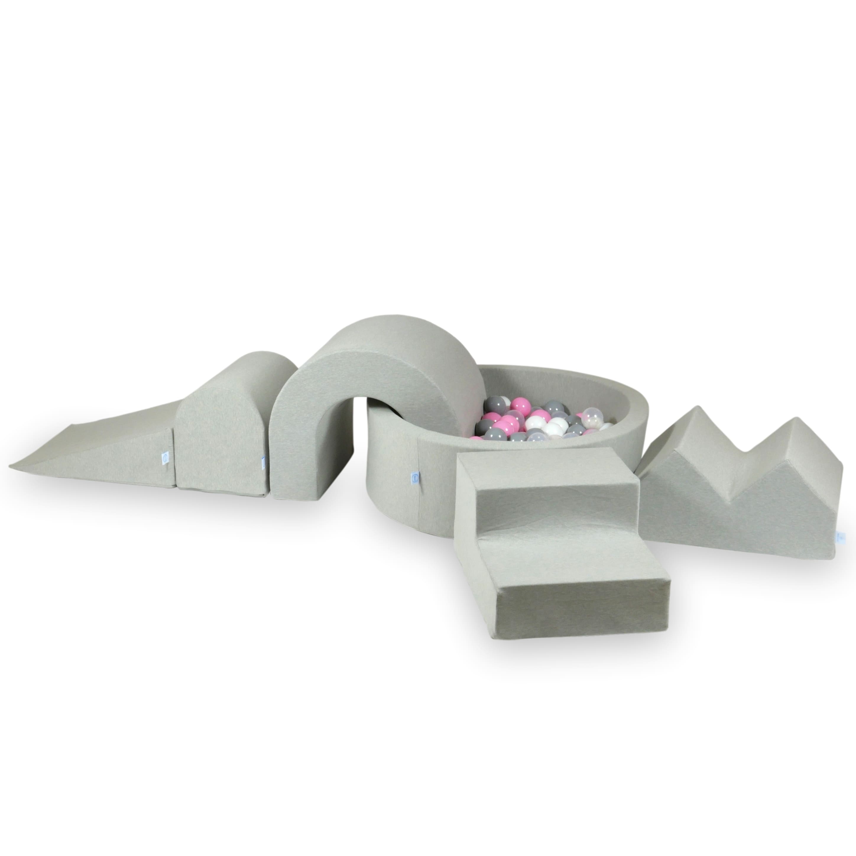 Aire de jeux en mousse avec piscine ronde 90x30 Gris Clair + 5 éléments + 200 balles (transparent, blanc, gris, Rose Poudré)