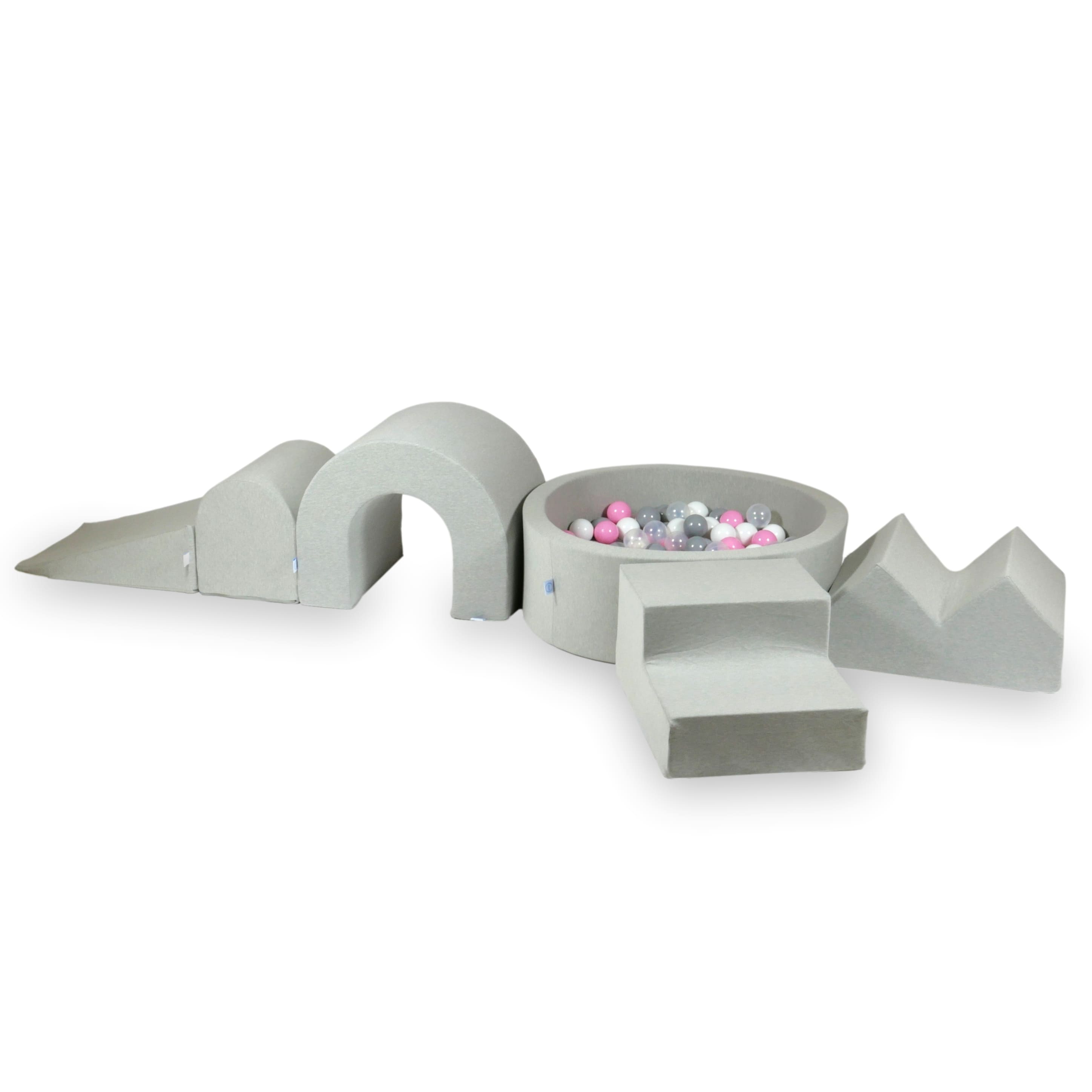 Aire de jeux en mousse avec piscine ronde 90x30 Gris Clair + 5 éléments + 200 balles (blanc, gris, beige)