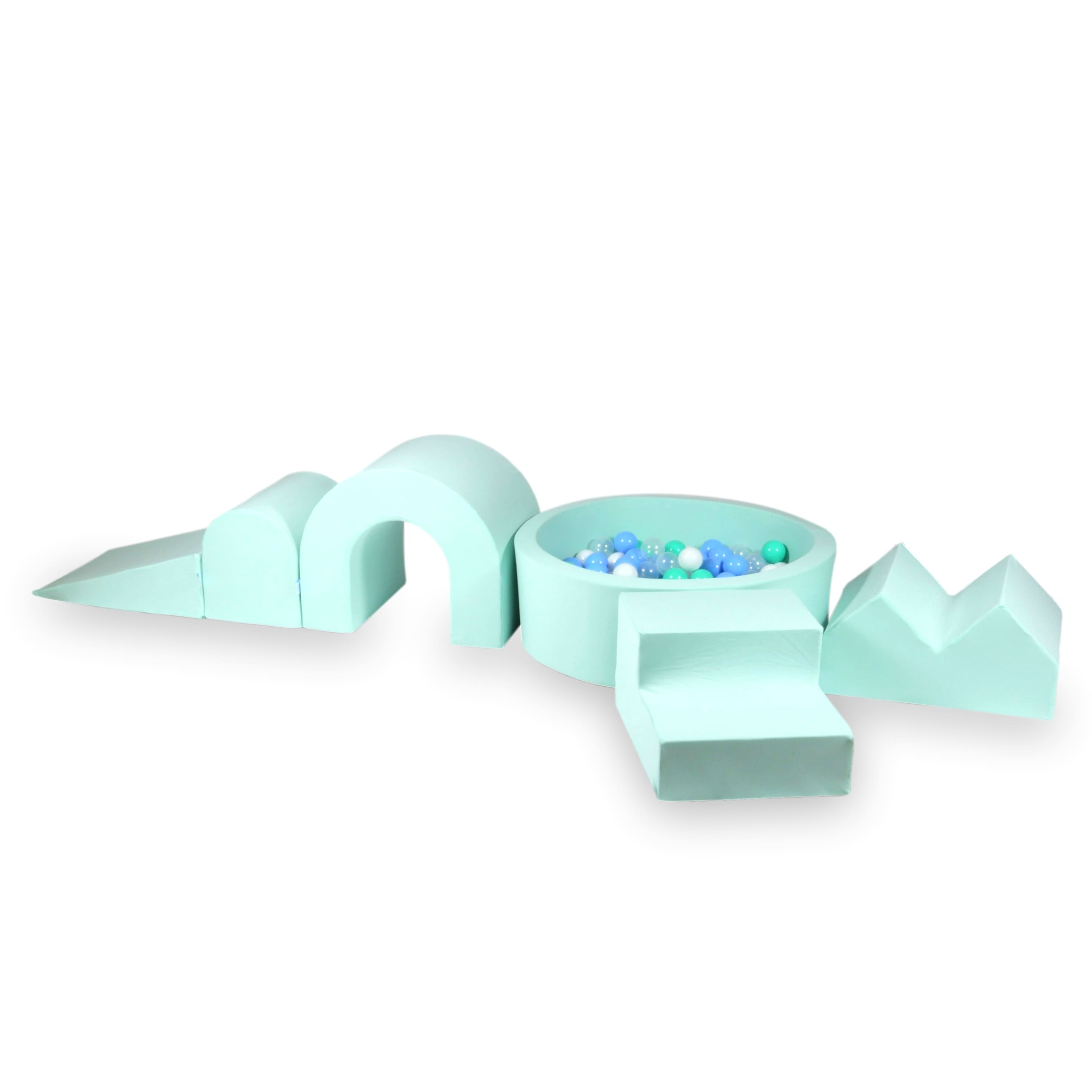 Aire de jeux en mousse avec piscine ronde 90x30 Menthe + 5 éléments + 200 balles (transparent, blanc, menthe, bleu clair)