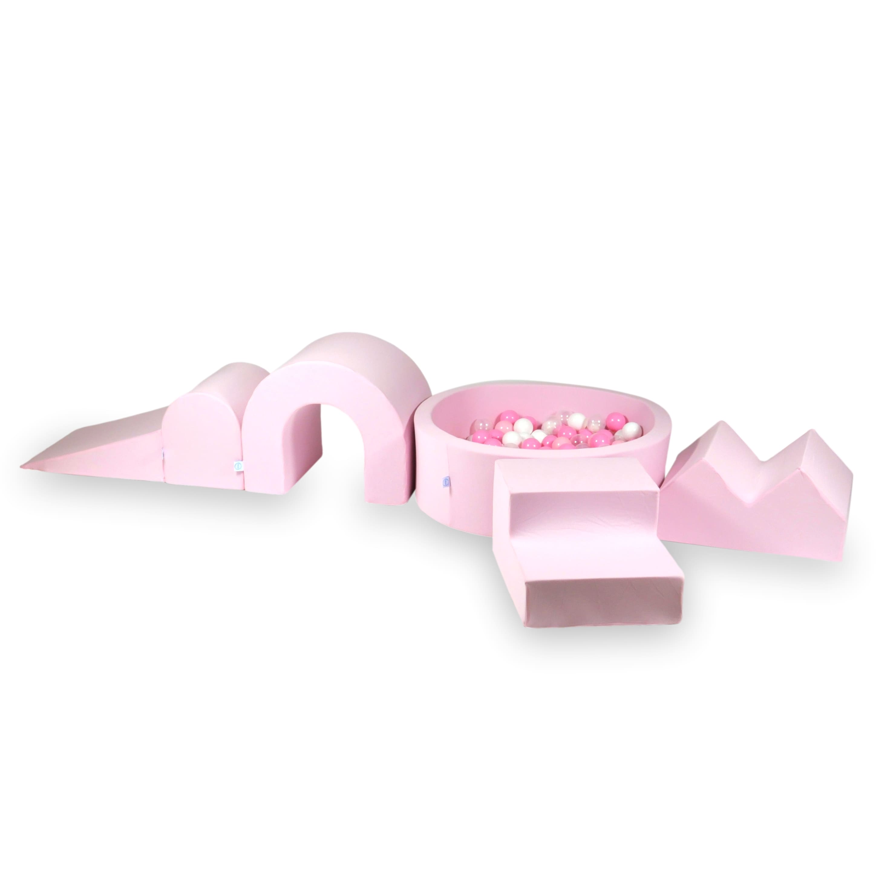 Aire de jeux en mousse avec piscine ronde 90x30 Rose Poudré + 5 éléments + 200 balles (nacré, gris, rose clair)