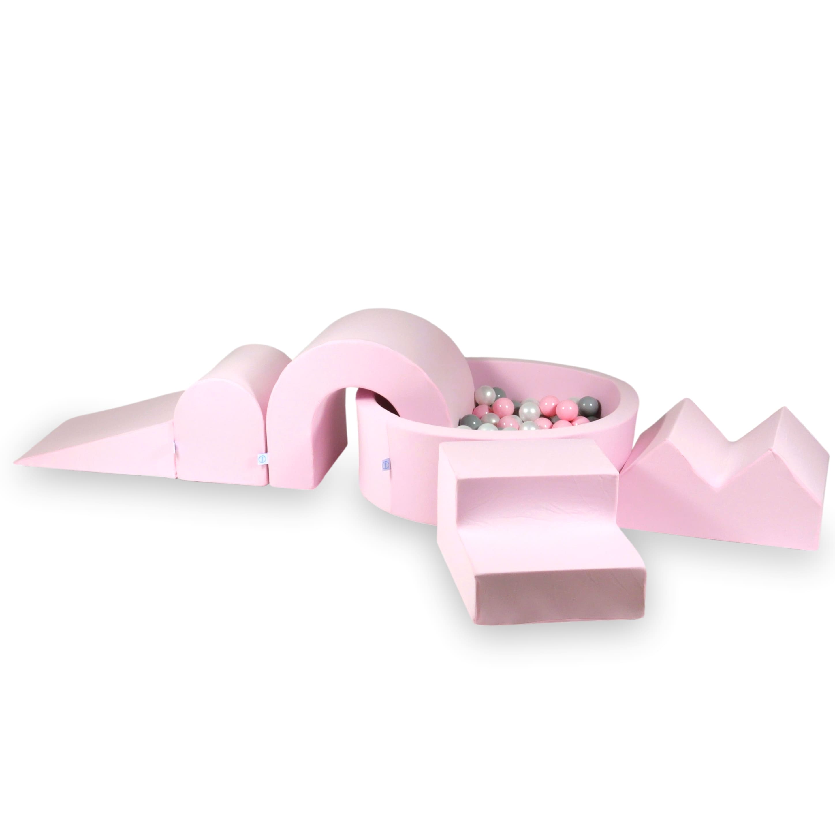 Aire de jeux en mousse avec piscine ronde 90x30 rose poudré + 5 éléments + 200 balles