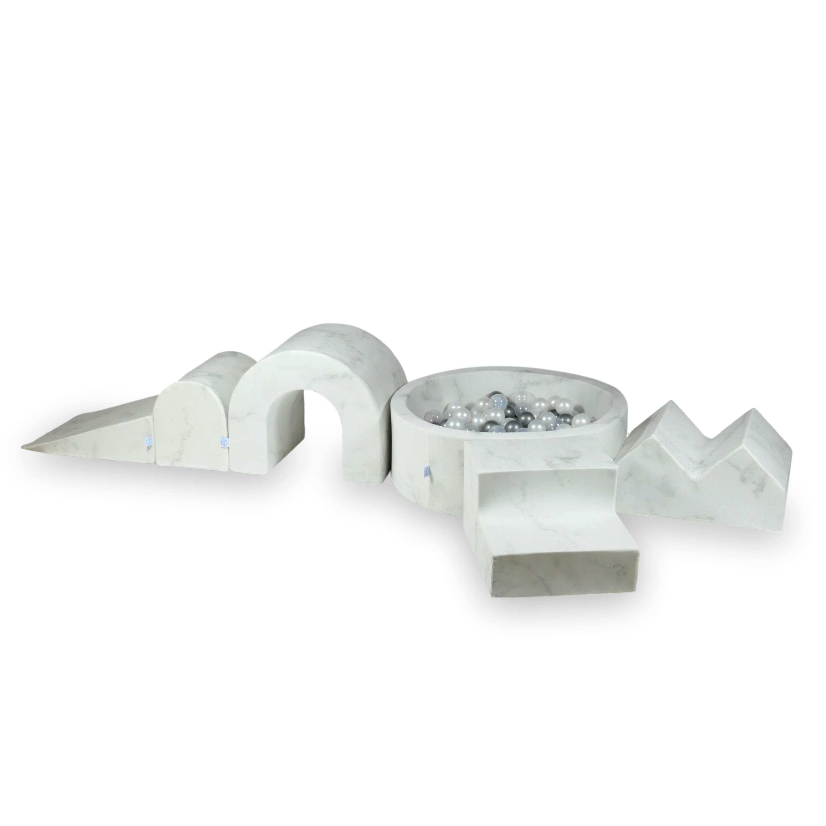 Aire de jeux en mousse avec piscine ronde 90x30 Marbre + 5 éléments + 200 balles (transparent, nacré, argenté)