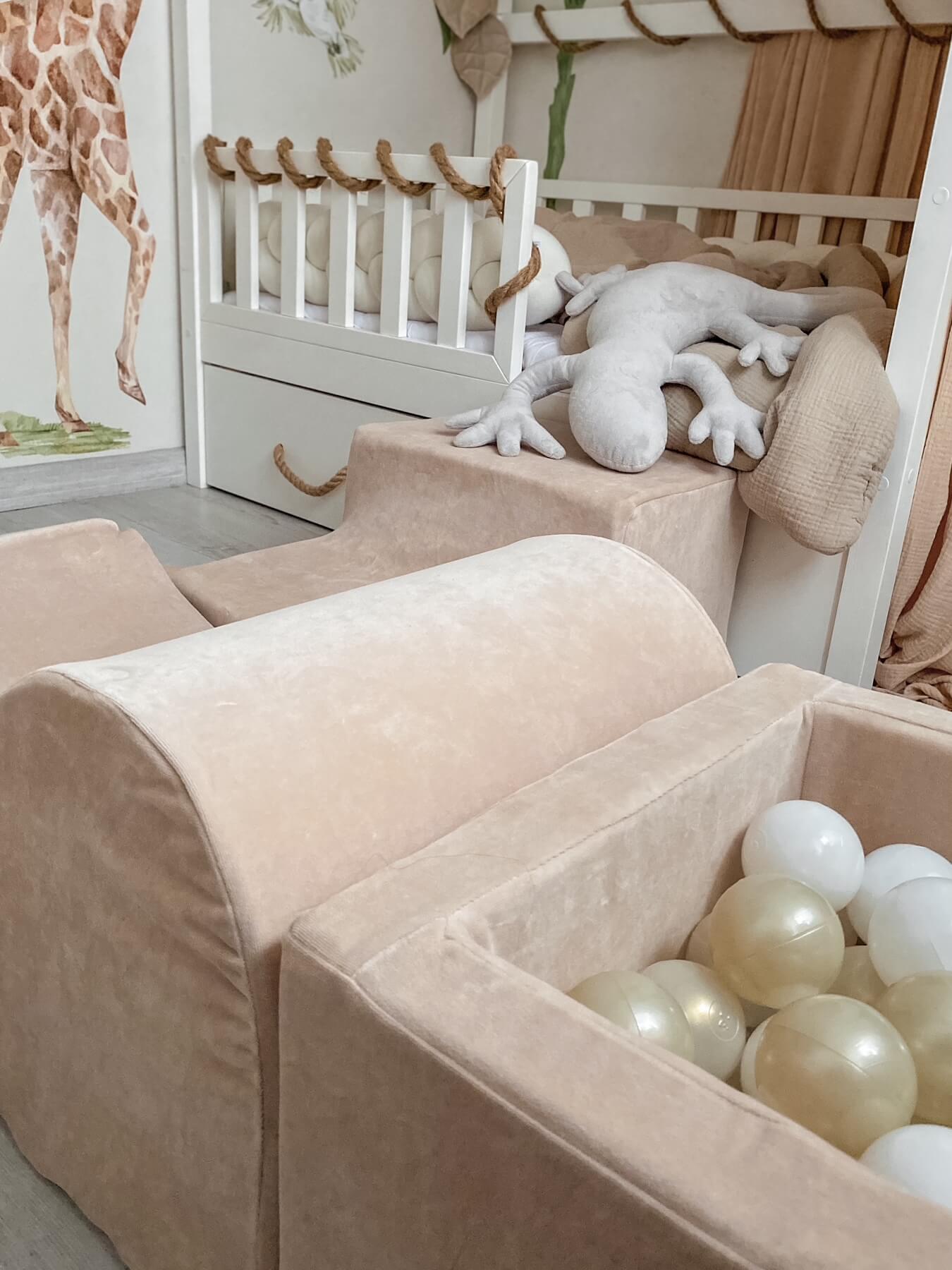 Aire de jeux en mousse avec piscine à balles carrée set de jeu enfant 90x90x40 velvet soft beige + 400 balles