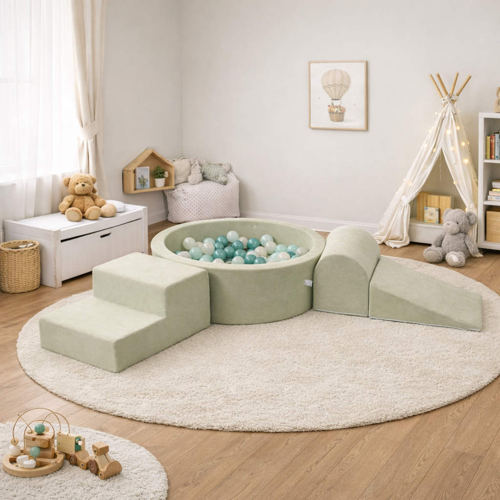 Aire de jeux en mousse avec piscine ronde 90x30 velvet soft pistachio + 200 balles