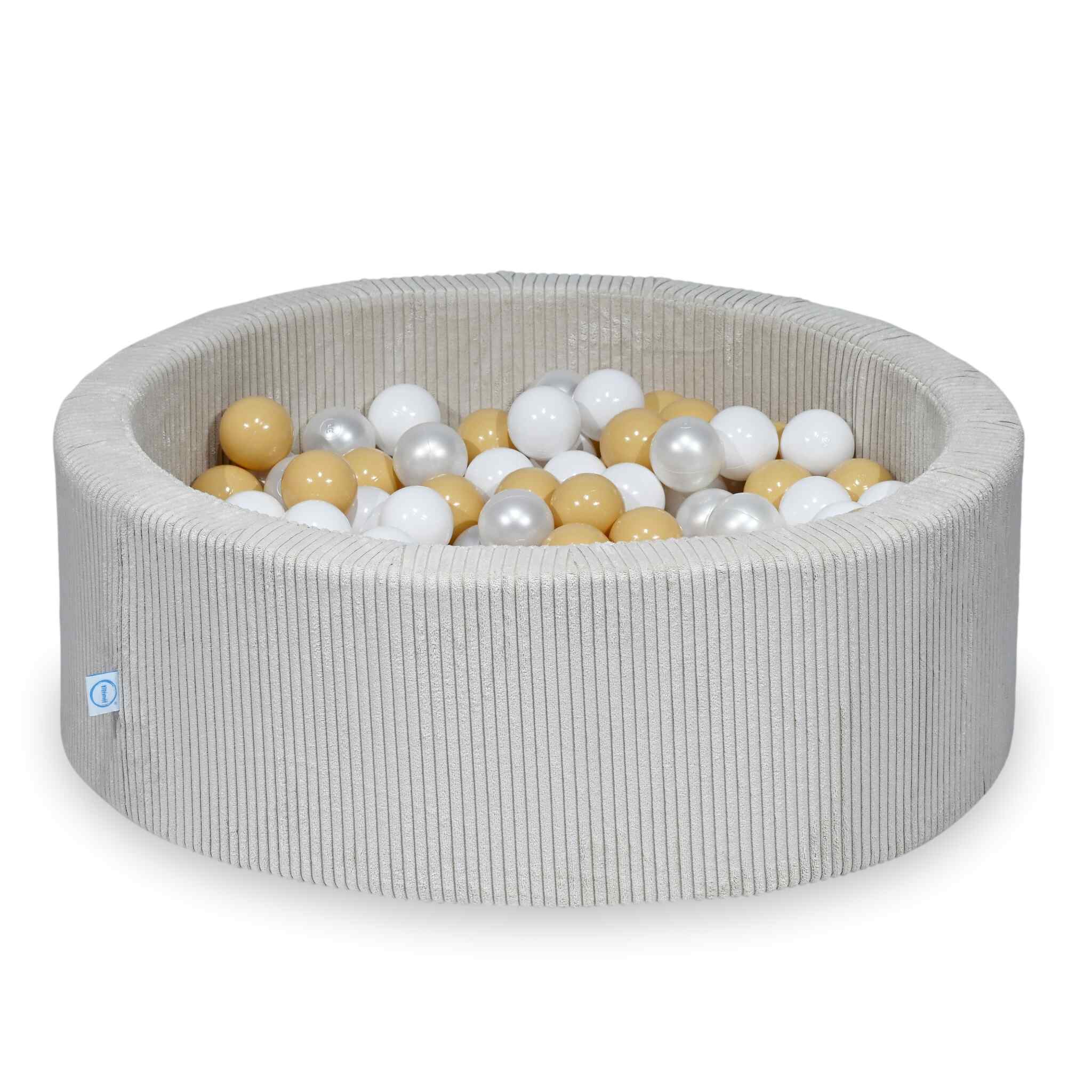 Piscine à balles ronde en velours côtelé beige, 90x30cm – 200 balls (blanc, nacré, beige)