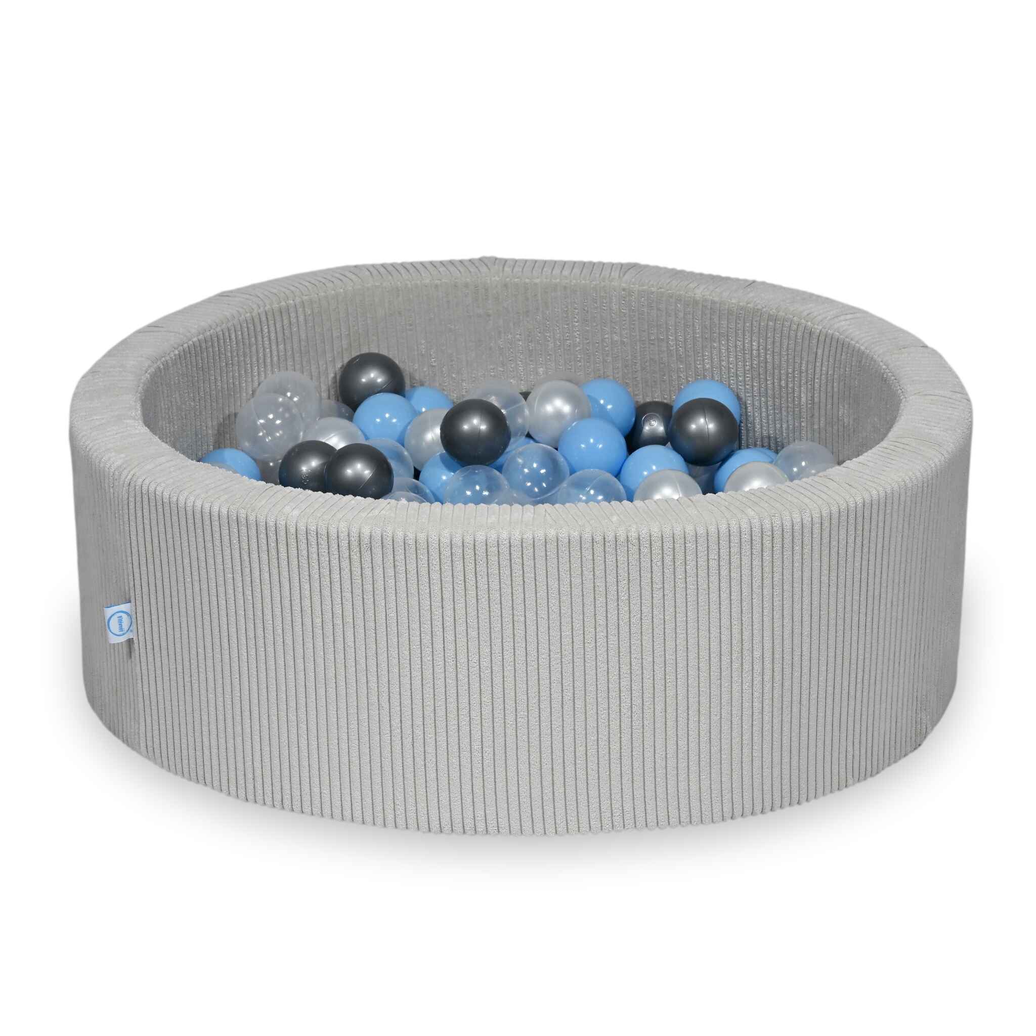 Piscine à balles ronde en velours côtelé gris, 90x30cm – 200 balls (transparent, nacré, argenté,bleu clair)