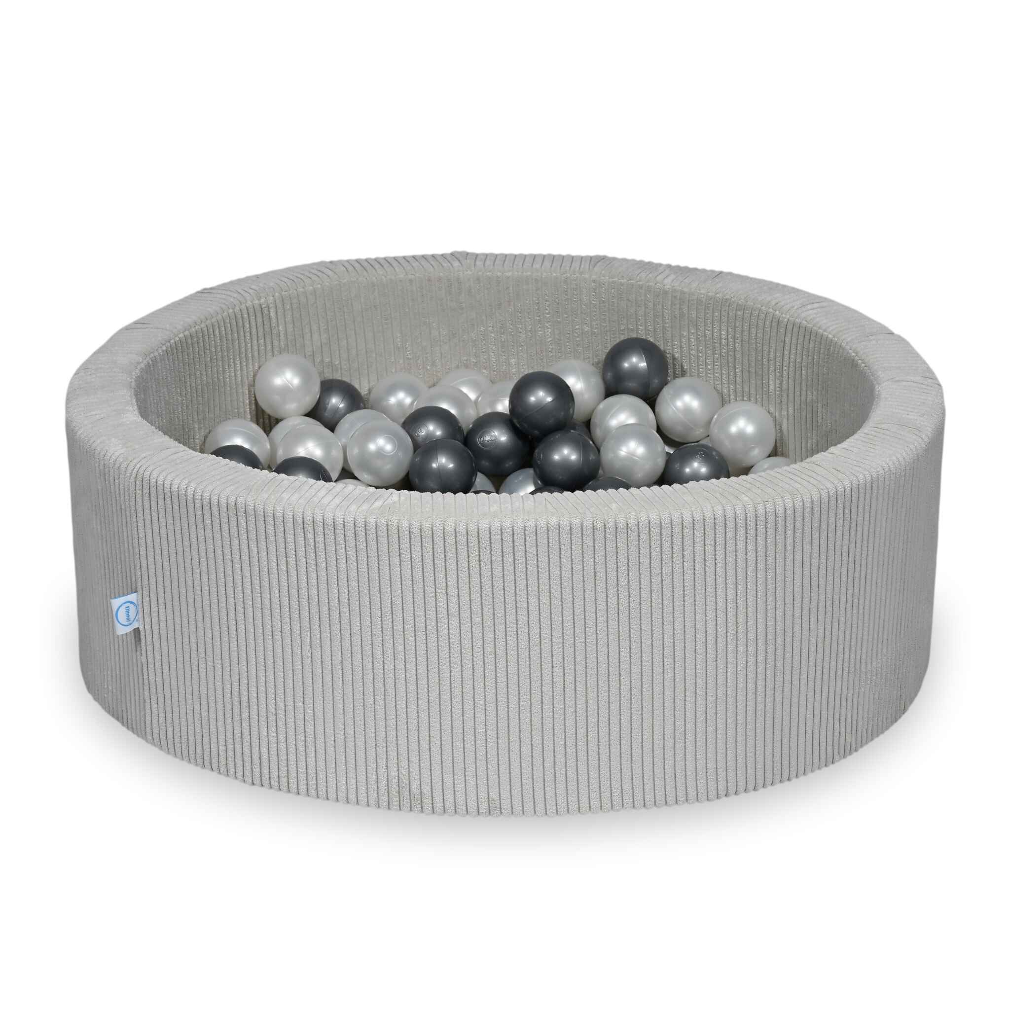 Piscine à balles ronde en velours côtelé gris, 90x30cm – 200 balls (nacré, argenté)
