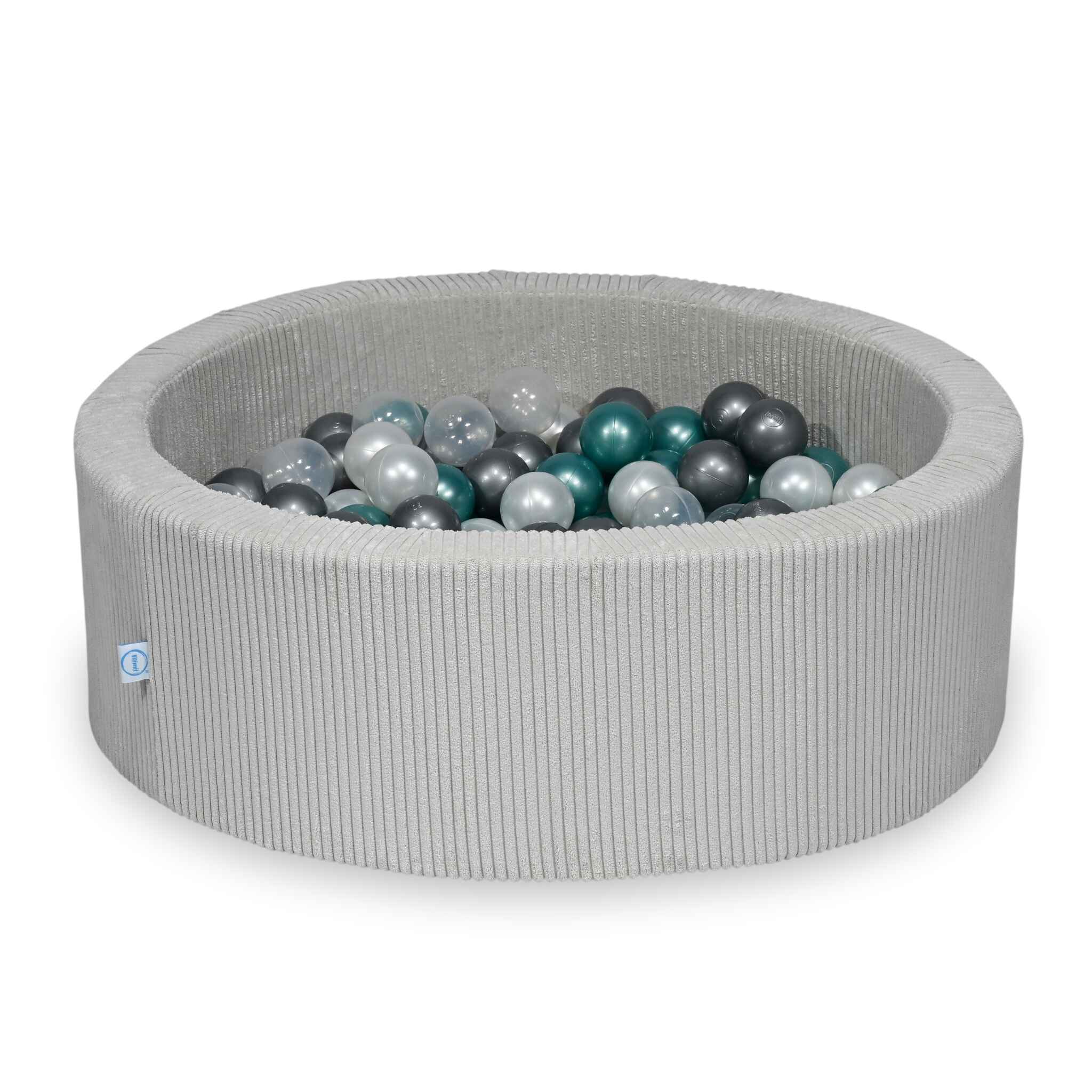 Piscine à balles ronde en velours côtelé gris, 90x30cm – 200 balls (transparent, nacré, argenté, turquoise métallisé)