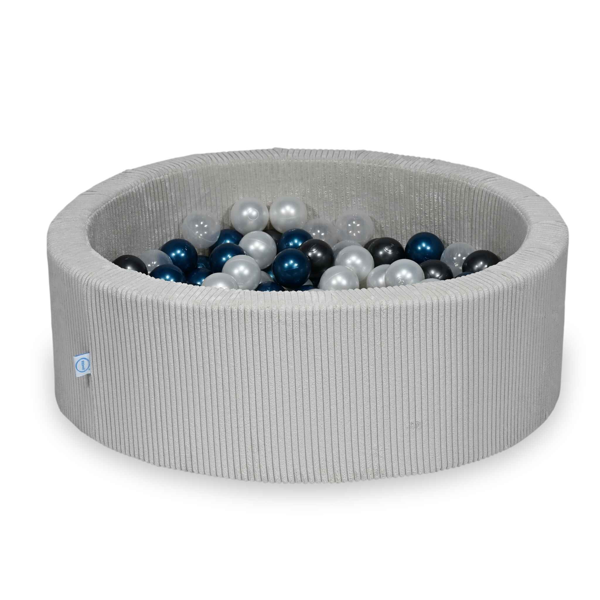 Piscine à balles ronde en velours côtelé gris, 90x30cm – 200 balls (transparent, nacré, graphite métallisé, bleu métallisé)