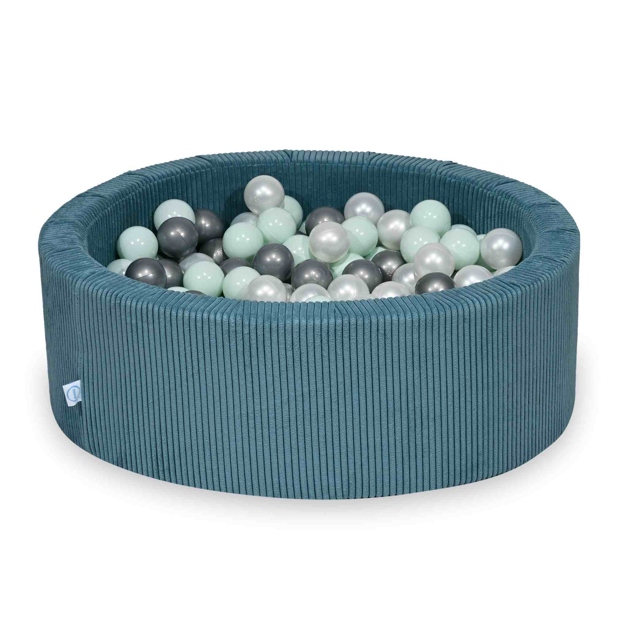 Piscine à balles ronde en velours côtelé bleu, 90x30cm – 200 balls (nacré, argenté, menthe claire)
