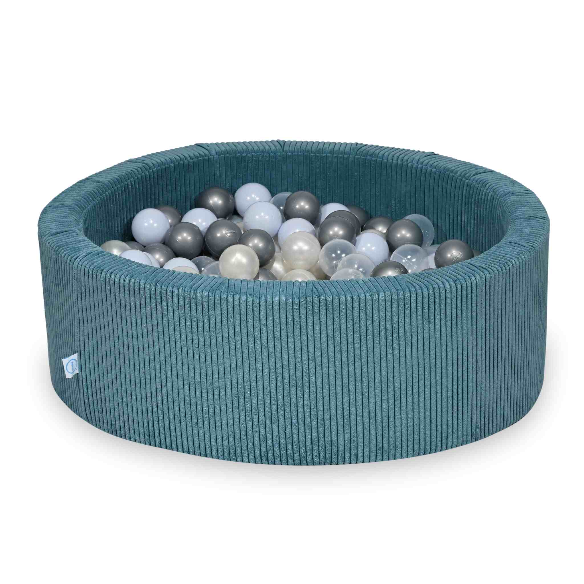 Piscine à balles ronde en velours côtelé bleu, 90x30cm – 200 balls (transparent, argenté, bleu ciel nacré, irisé)