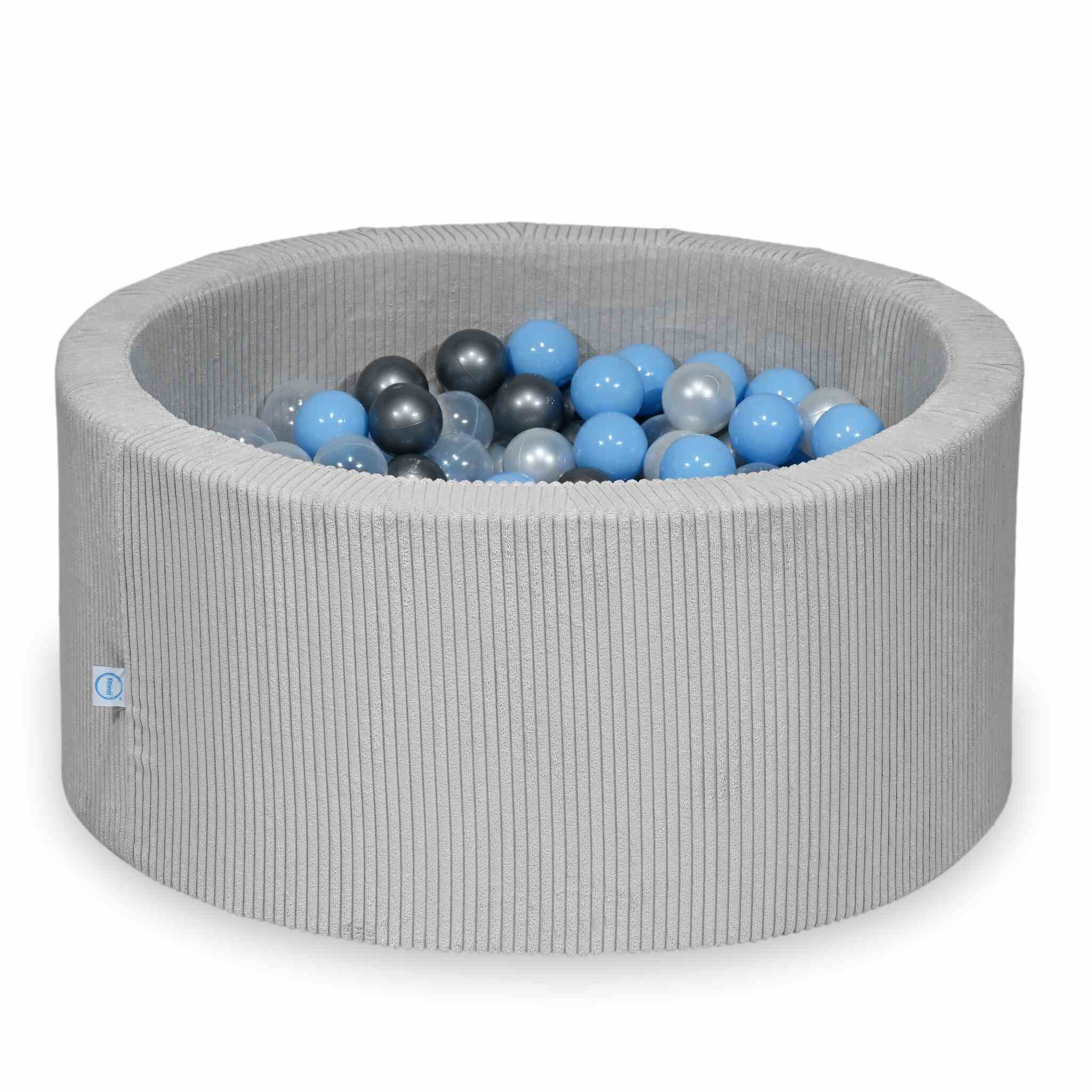 Piscine à balles ronde en velours côtelé gris, 90x40cm – 300 balls (transparent, nacré, argenté,bleu clair)