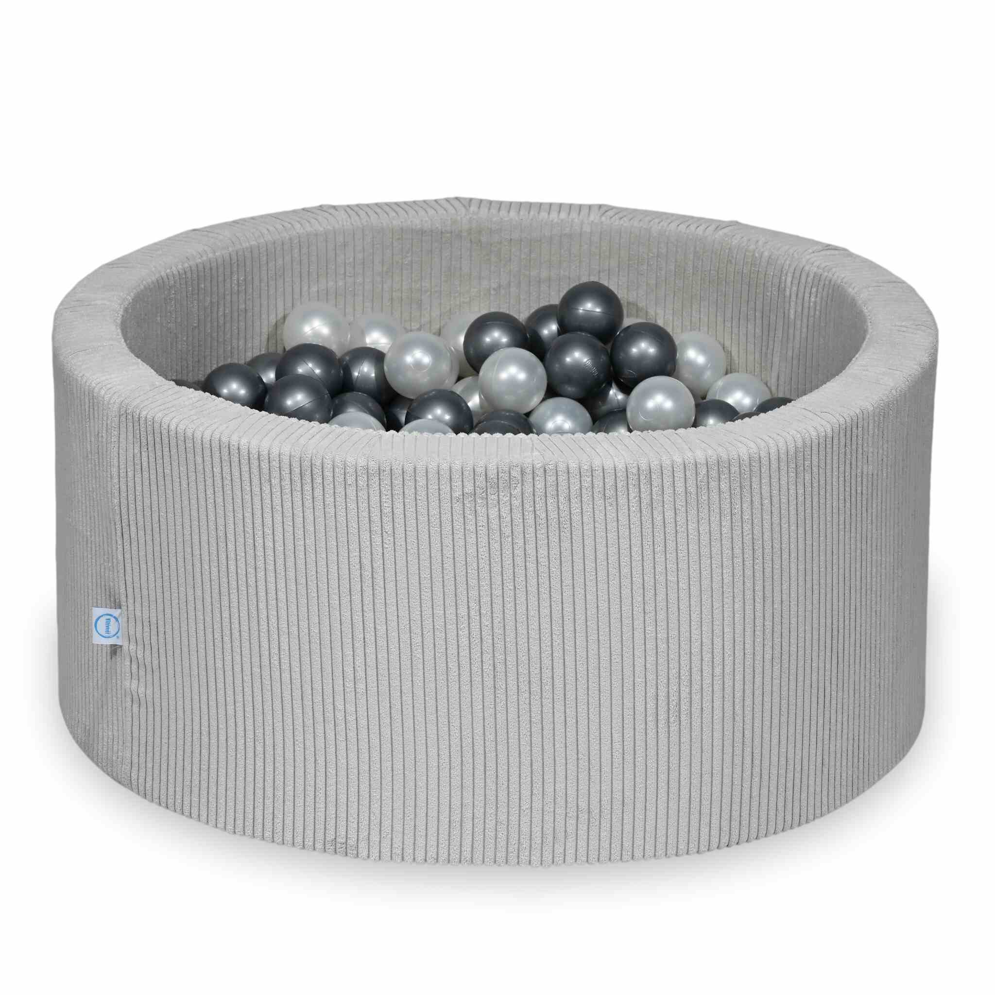 Piscine à balles ronde en velours côtelé gris, 90x40cm – 300 balls (nacré, argenté)