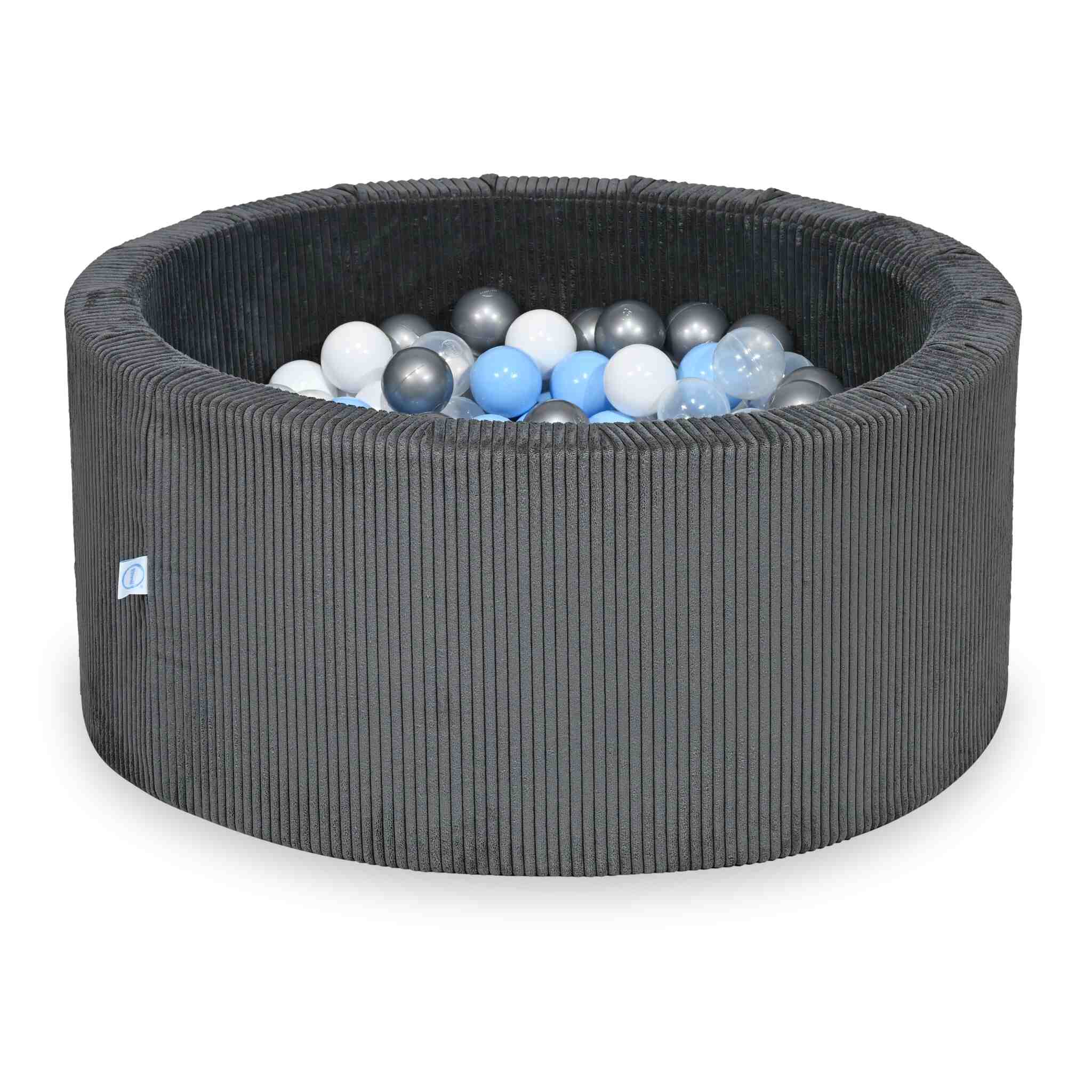 Piscine à balles ronde en velours côtelé graphite, 90x40cm – 300 balls (transparent, blanc, argenté, bleu clair) (Kopia)