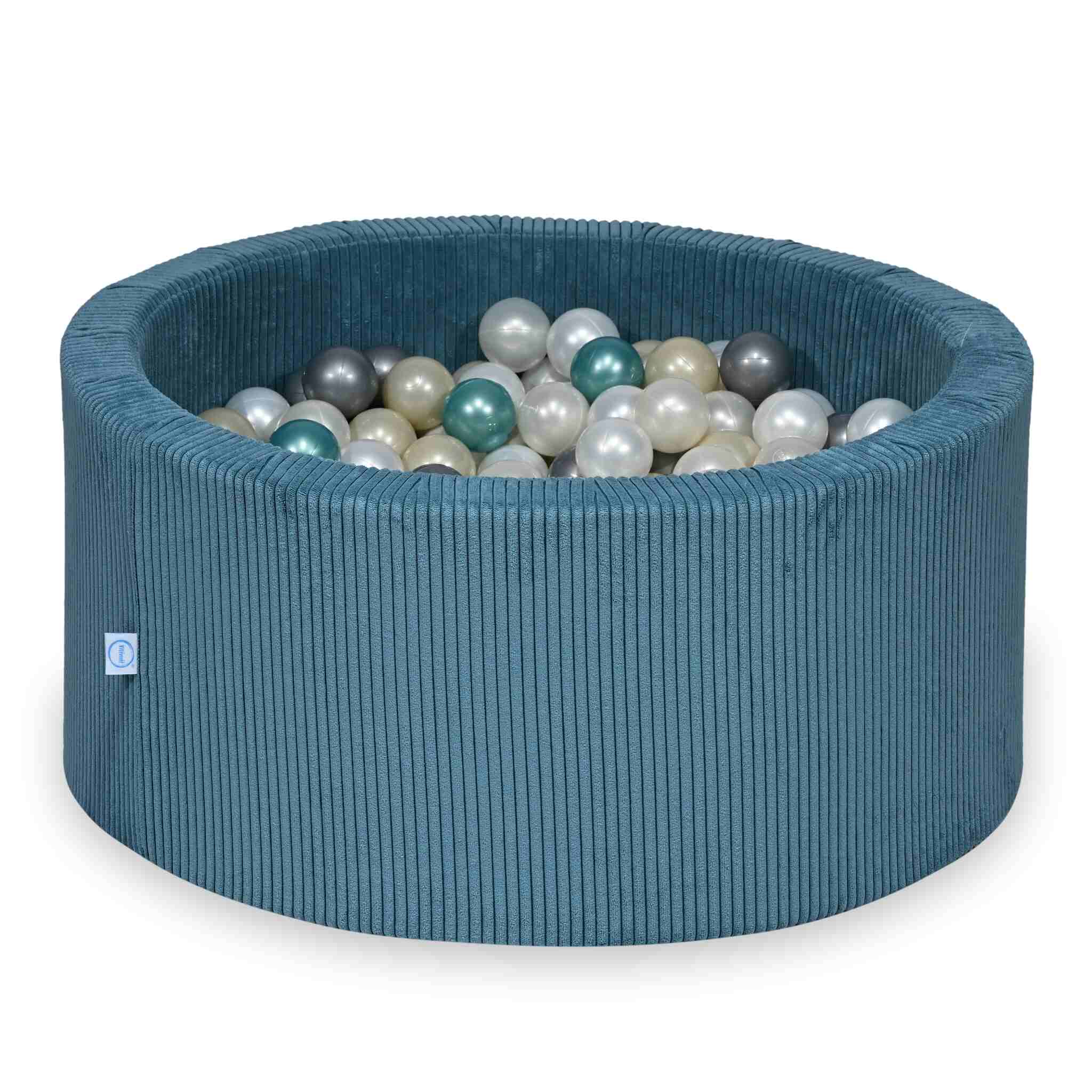 Piscine à balles ronde en velours côtelé bleu, 90x40cm – 300 balls (nacré, argenté, doré clair, turquoise métallisé)