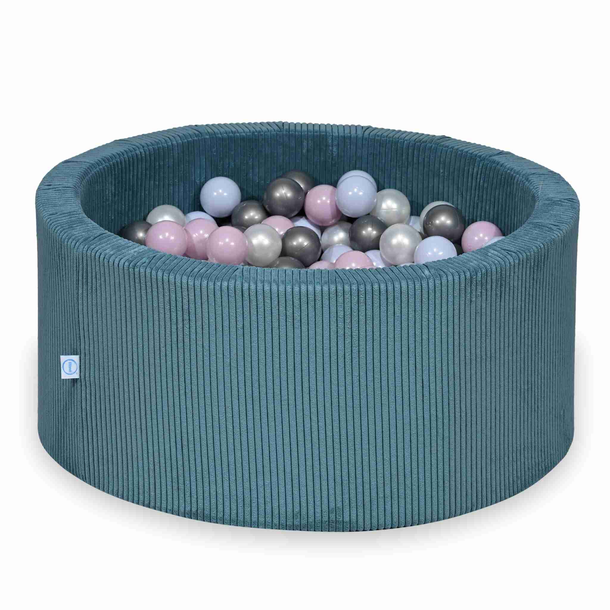 Piscine à balles ronde en velours côtelé bleu, 90x40cm – 300 balls (transparent, argenté, bleu ciel nacré, irisé)