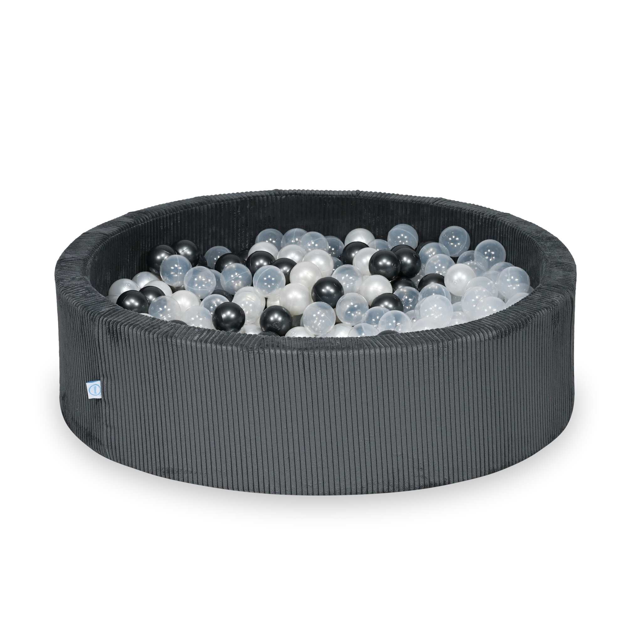 Piscine à balles ronde en velours côtelé graphite, 110x30cm – 400 balls (transparent, nacré, graphite métallisé)