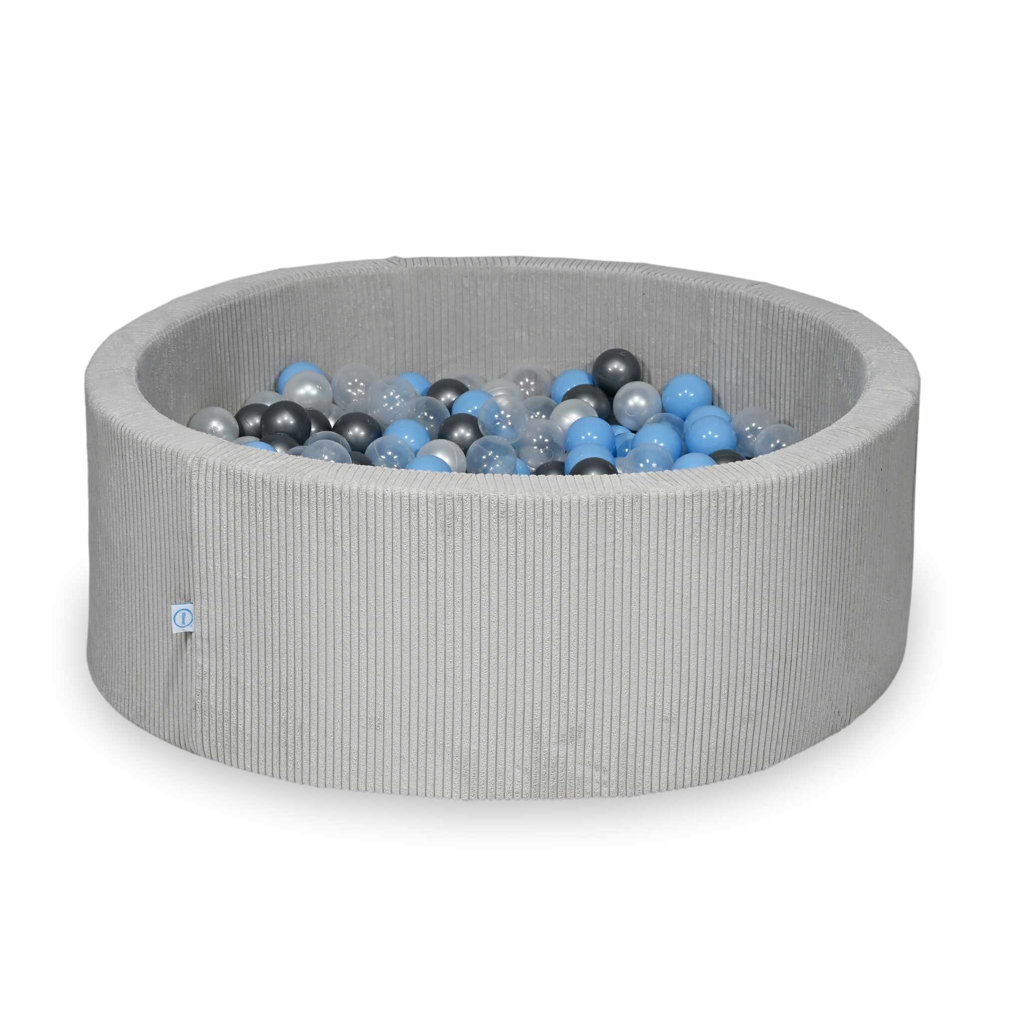 Piscine à balles ronde en velours côtelé gris, 110x40cm – 500 balls (transparent, nacré, argenté,bleu clair)