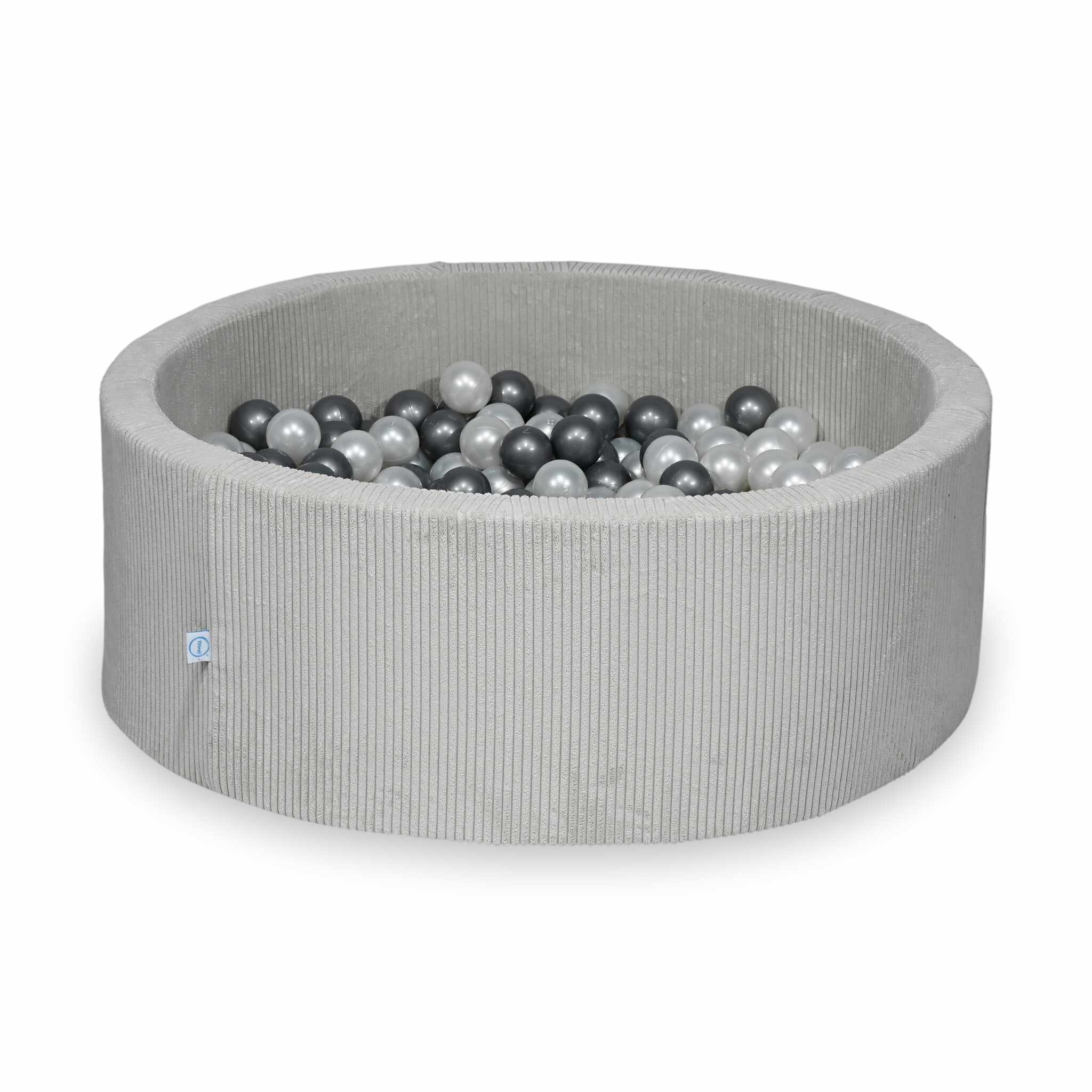 Piscine à balles ronde en velours côtelé gris, 110x40cm – 500 balls (nacré, argenté)