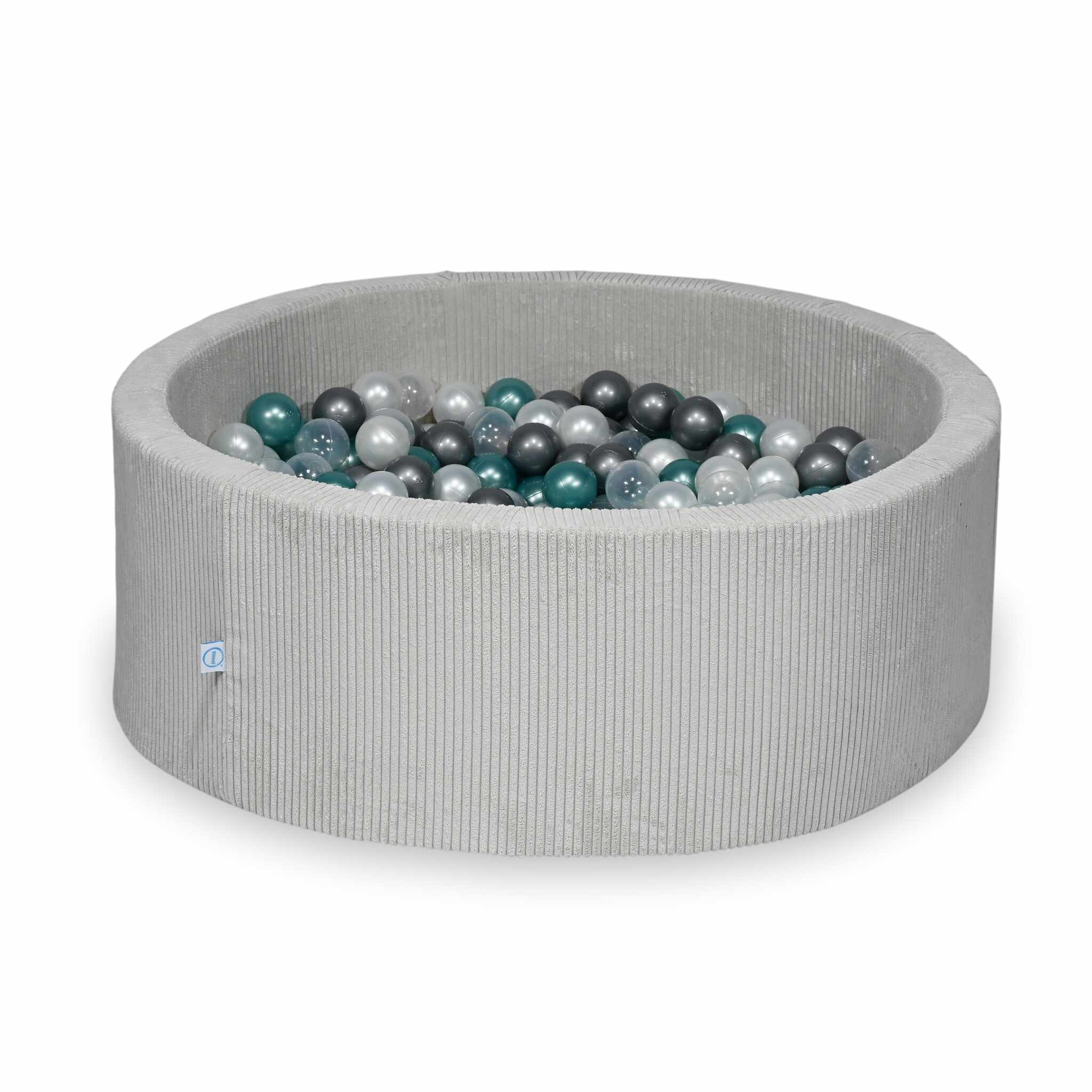 Piscine à balles ronde en velours côtelé gris, 110x40cm – 500 balls (transparent, nacré, argenté, turquoise métallisé)