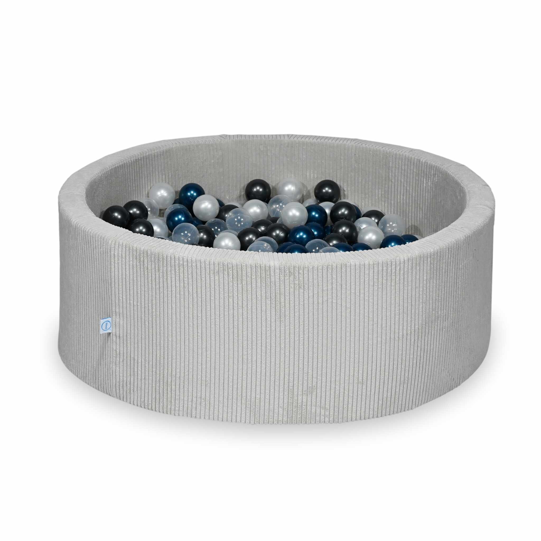 Piscine à balles ronde en velours côtelé gris, 110x40cm – 500 balls (transparent, nacré, graphite métallisé, bleu métallisé)