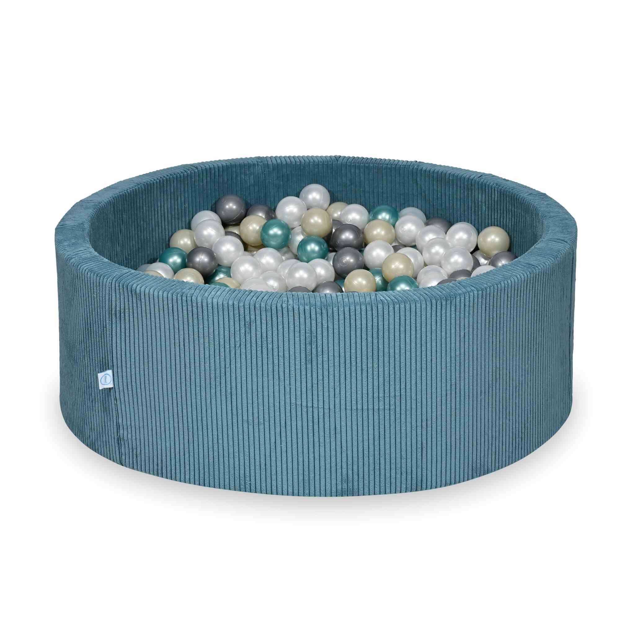 Piscine à balles ronde en velours côtelé bleu, 110x40cm – 500 balls (nacré, argenté, doré clair, turquoise métallisé)