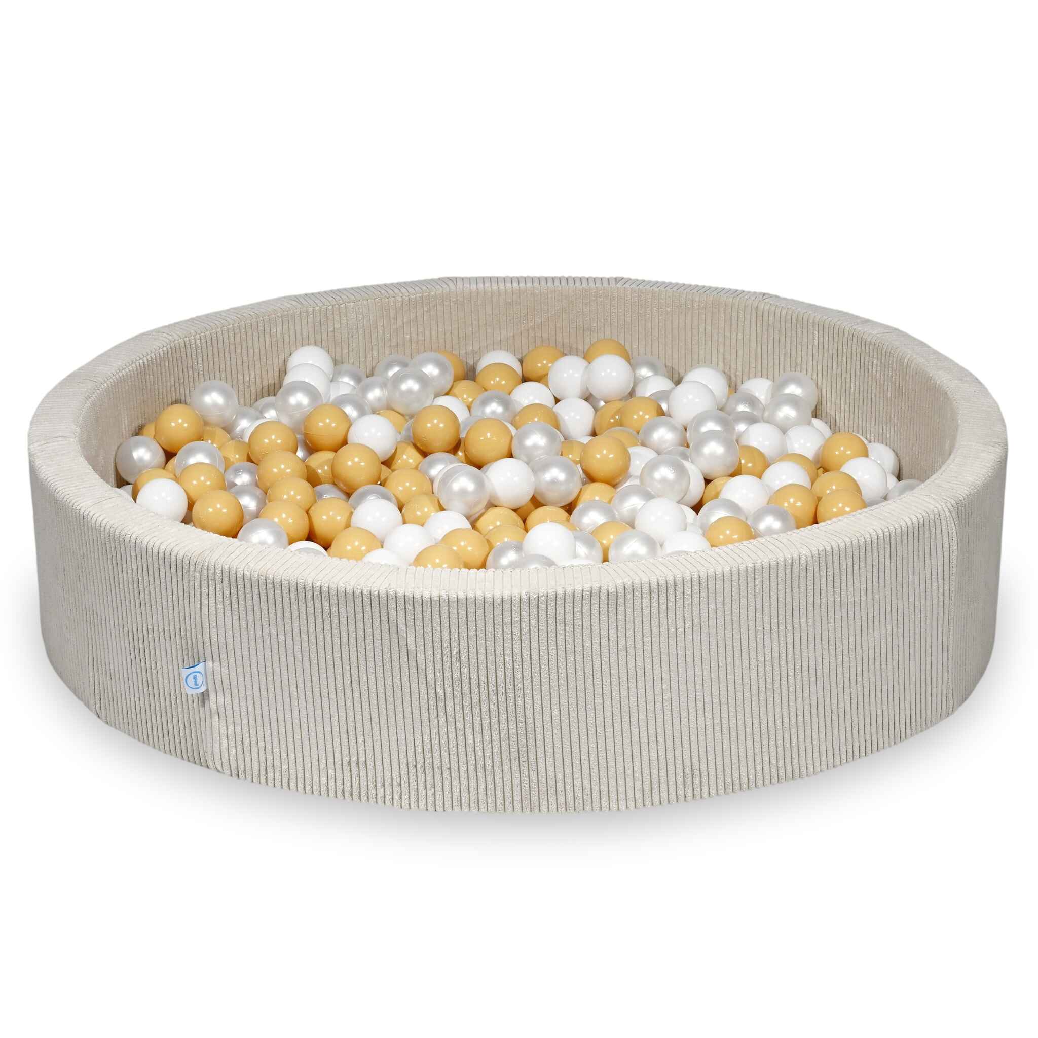 Piscine à balles ronde en velours côtelé beige, 130x30cm – Beige, 600 balls (blanc, nacré, beige)