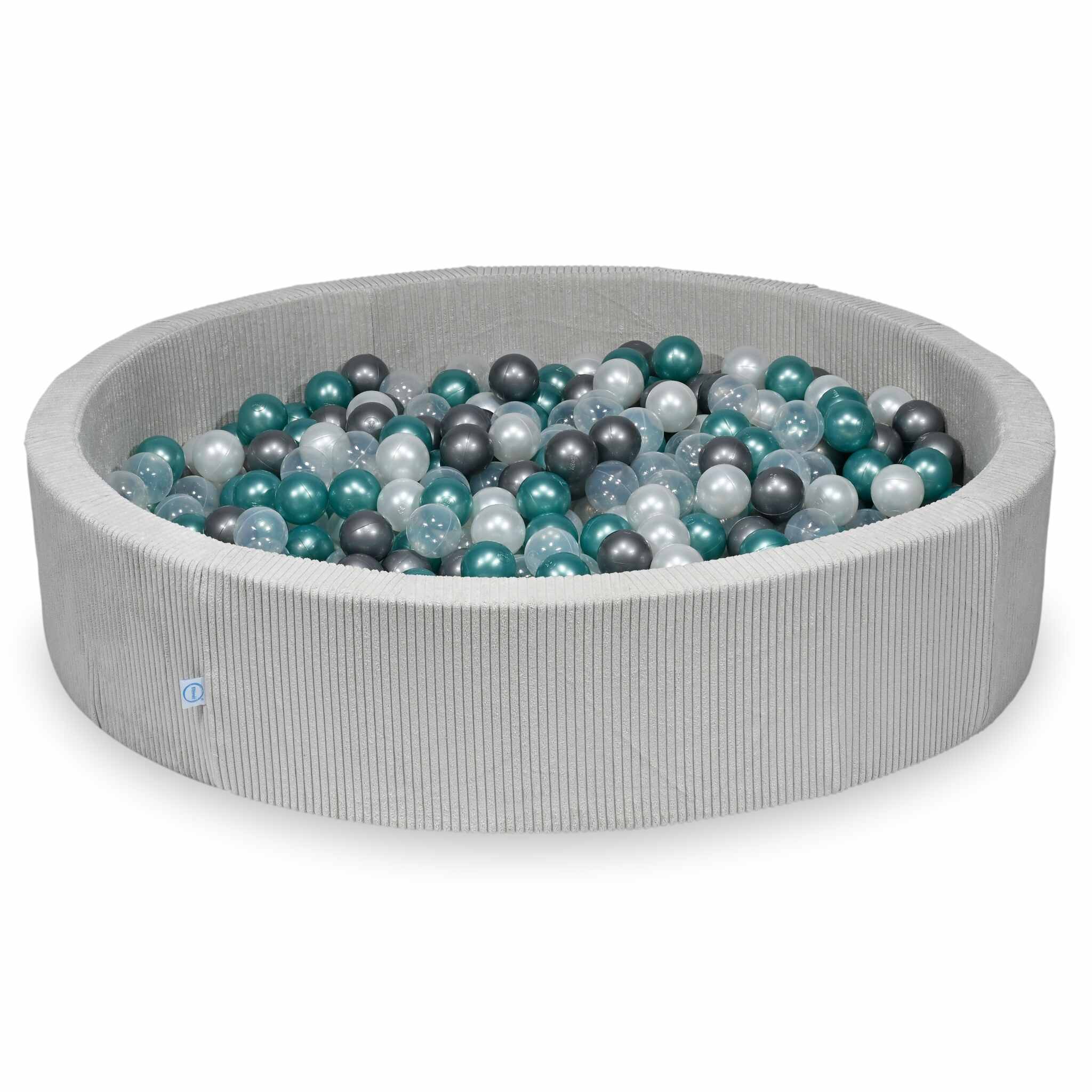 Piscine à balles ronde en velours côtelé gris, 130x30cm – 600 balls (transparent, nacré, argenté, turquoise métallisé)