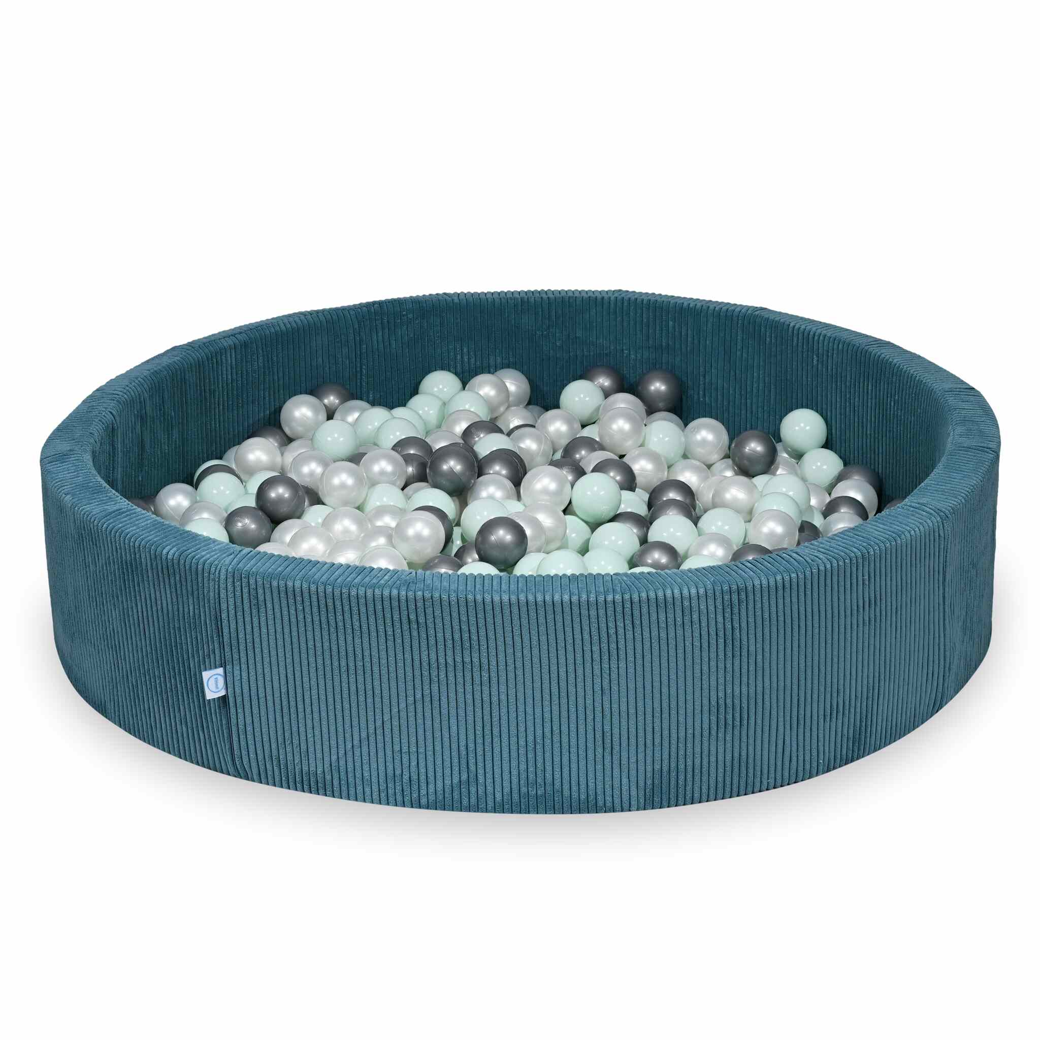 Piscine à balles ronde en velours côtelé bleu, 130x30cm – 600 balls (nacré, argenté, menthe claire)