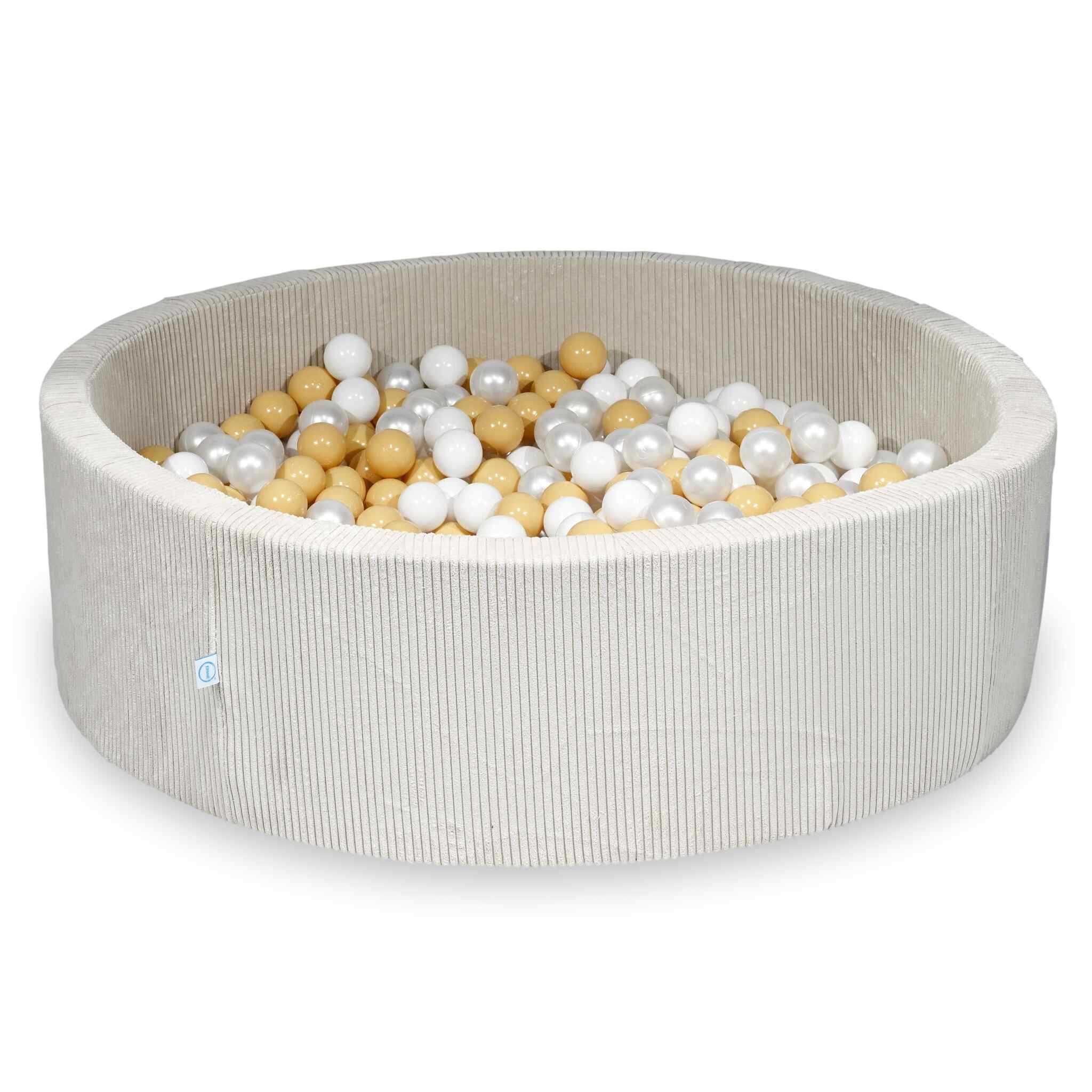 Piscine à balles ronde en velours côtelé beige, 130x40cm – Beige, 700 balls (blanc, nacré, beige)
