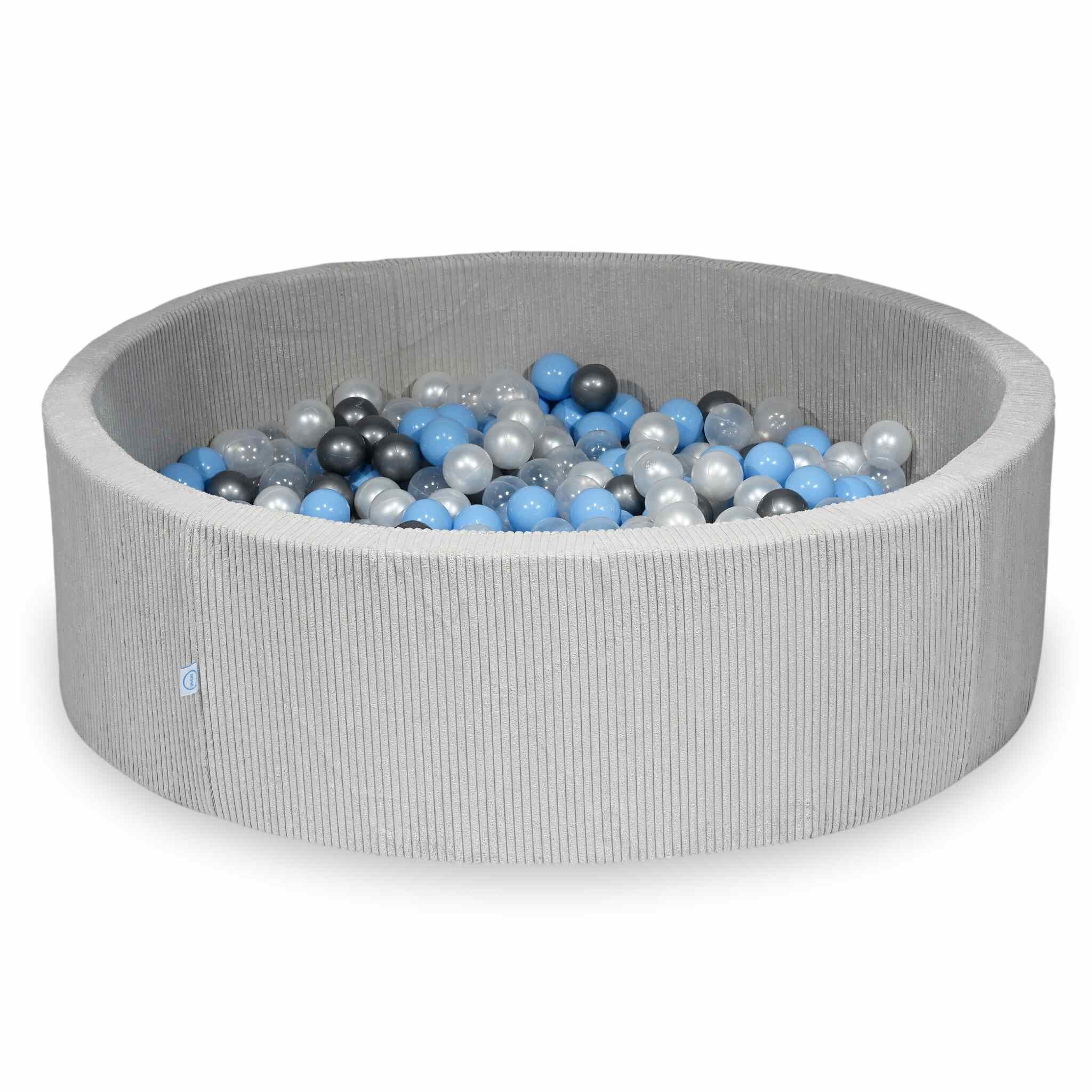 Piscine à balles ronde en velours côtelé gris, 130x40cm – 700 balls (transparent, nacré, argenté,bleu clair)
