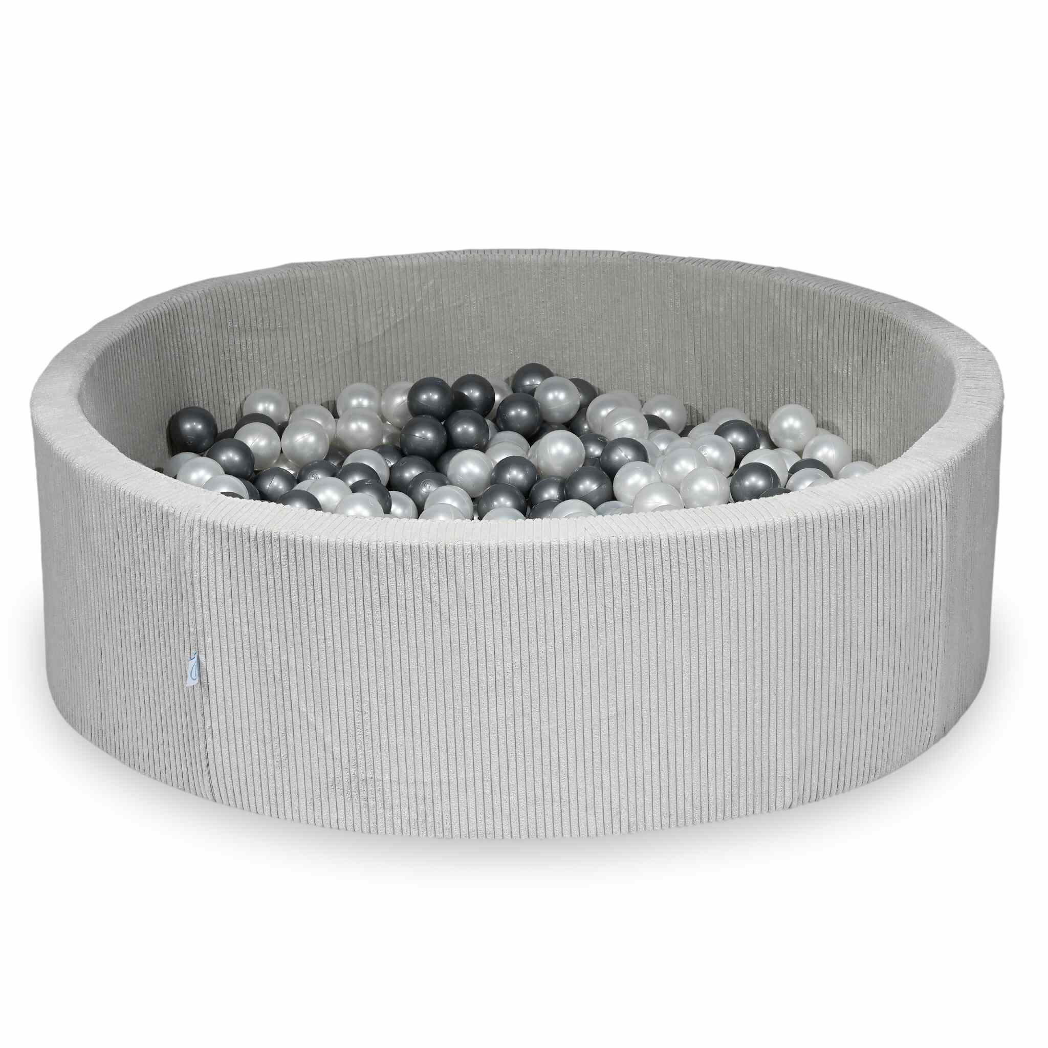 Piscine à balles ronde en velours côtelé gris, 130x40cm – 700 balls (nacré, argenté)