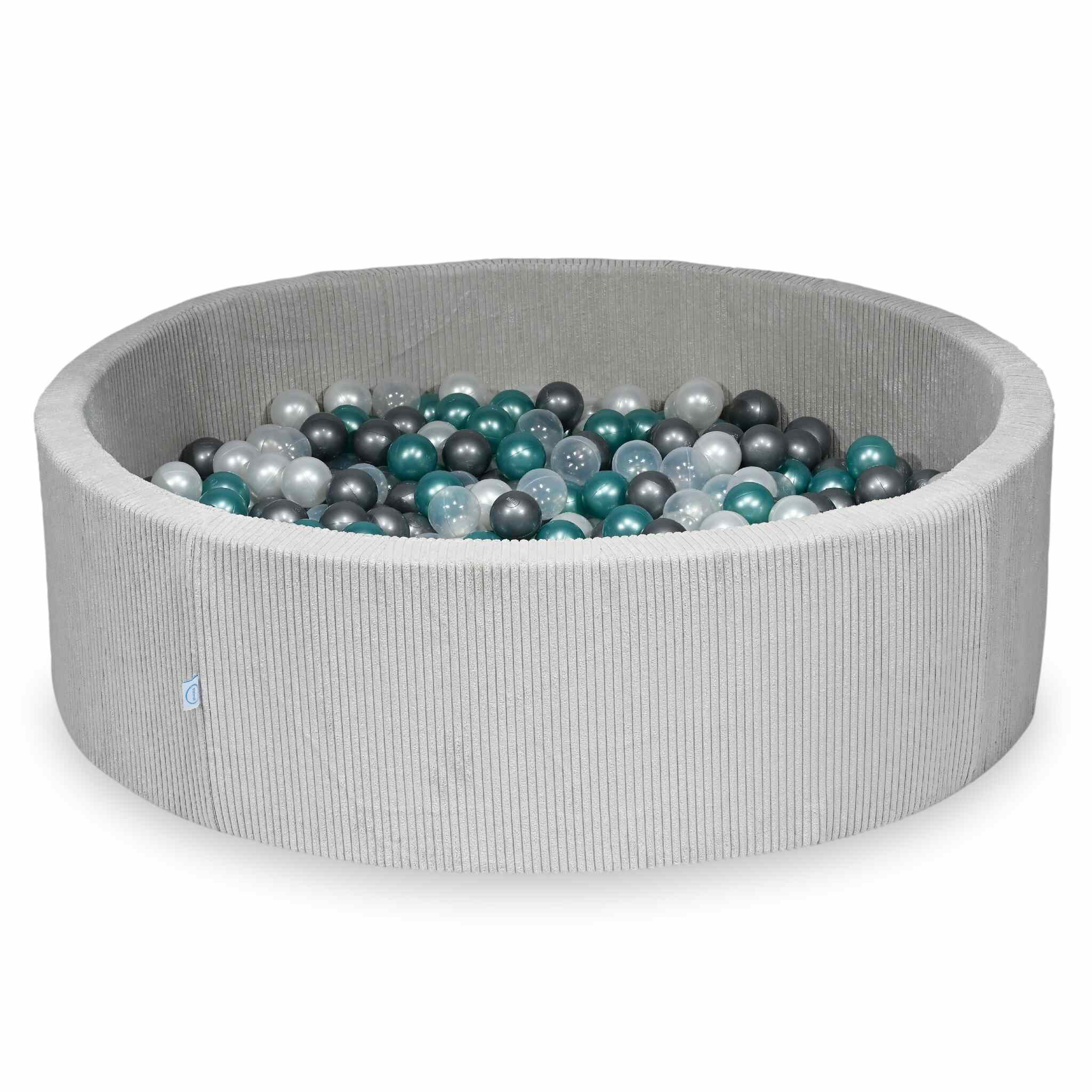 Piscine à balles ronde en velours côtelé gris, 130x40cm – 700 balls (transparent, nacré, argenté, turquoise métallisé)