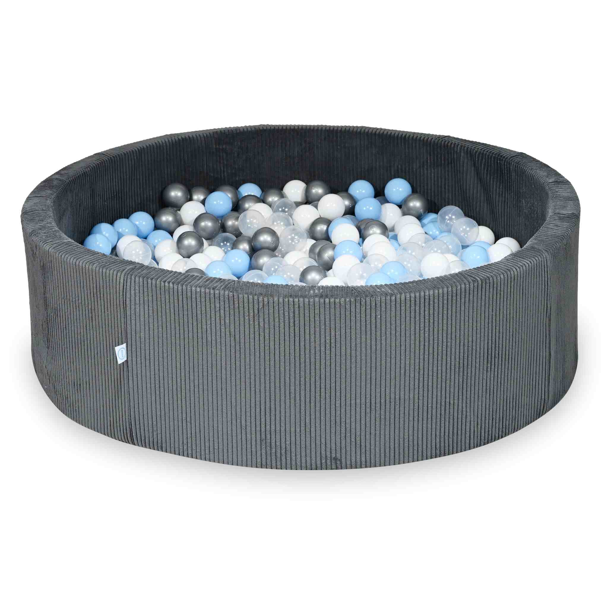 Piscine à balles ronde en velours côtelé graphite, 130x40cm – 700 balls (transparent, blanc, argenté, bleu clair)