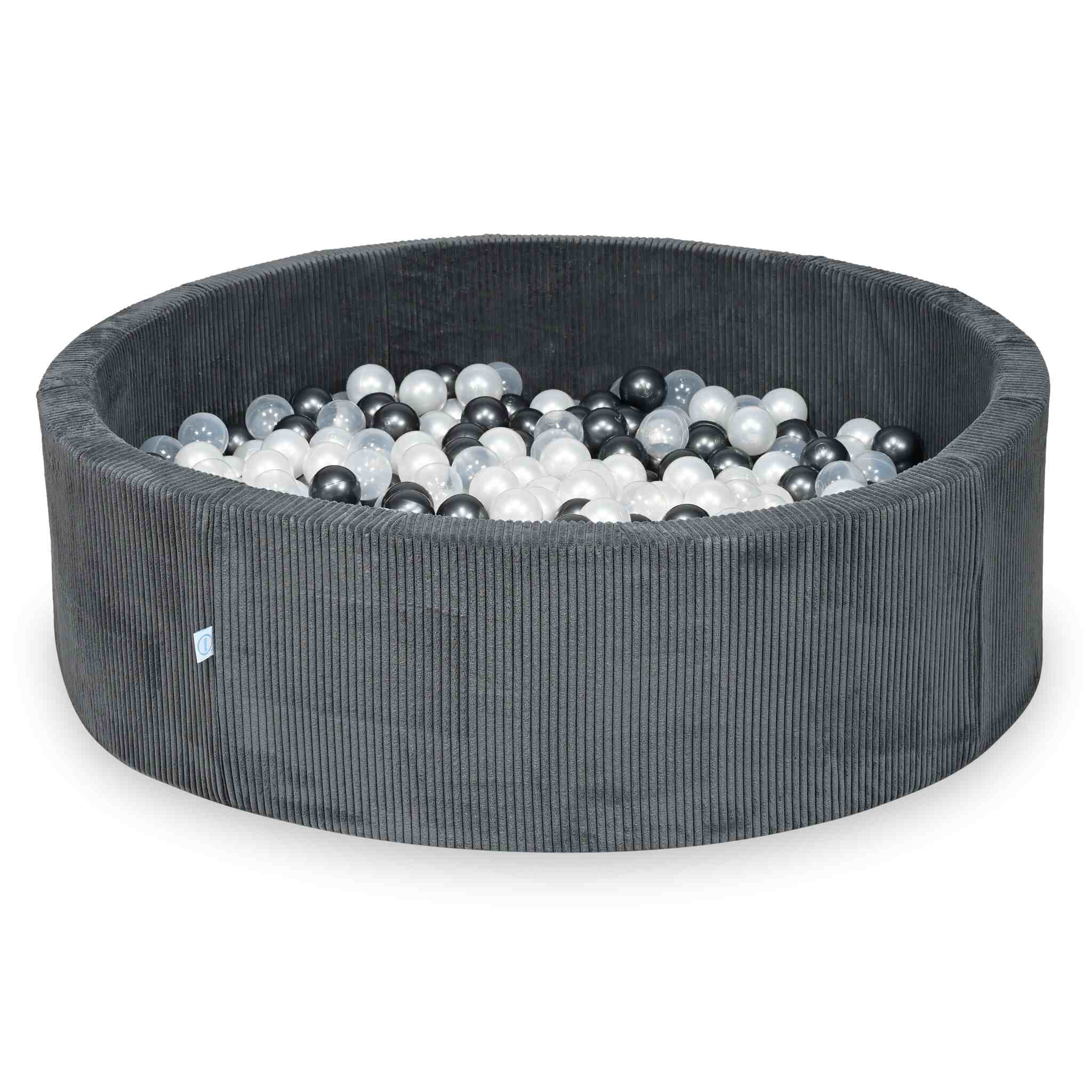 Piscine à balles ronde en velours côtelé graphite, 130x40cm – 700 balls (transparent, nacré, graphite métallisé)