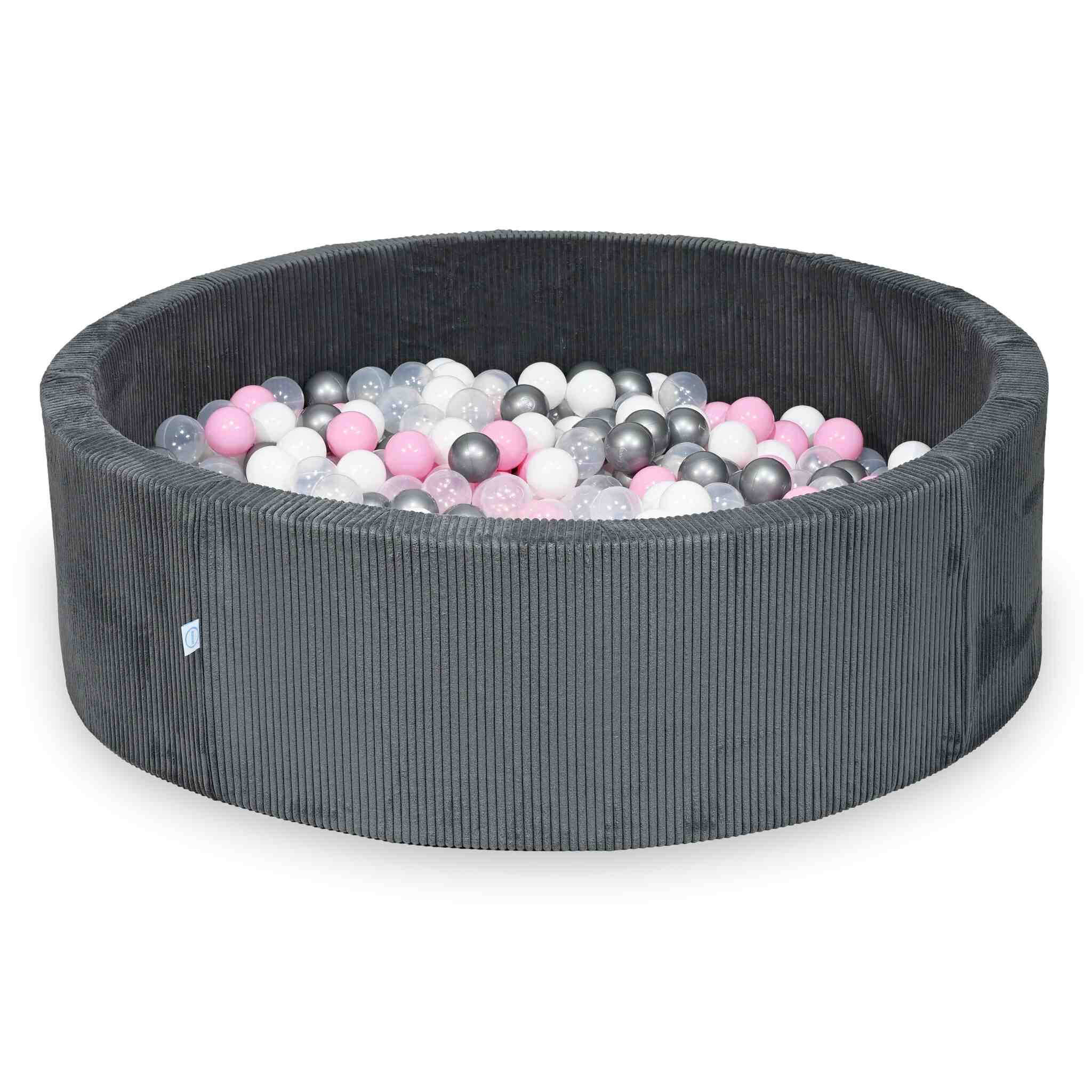 Piscine à balles ronde en velours côtelé graphite, 130x40cm – 700 balls (transparent, blanc,argenté, rose poudré)