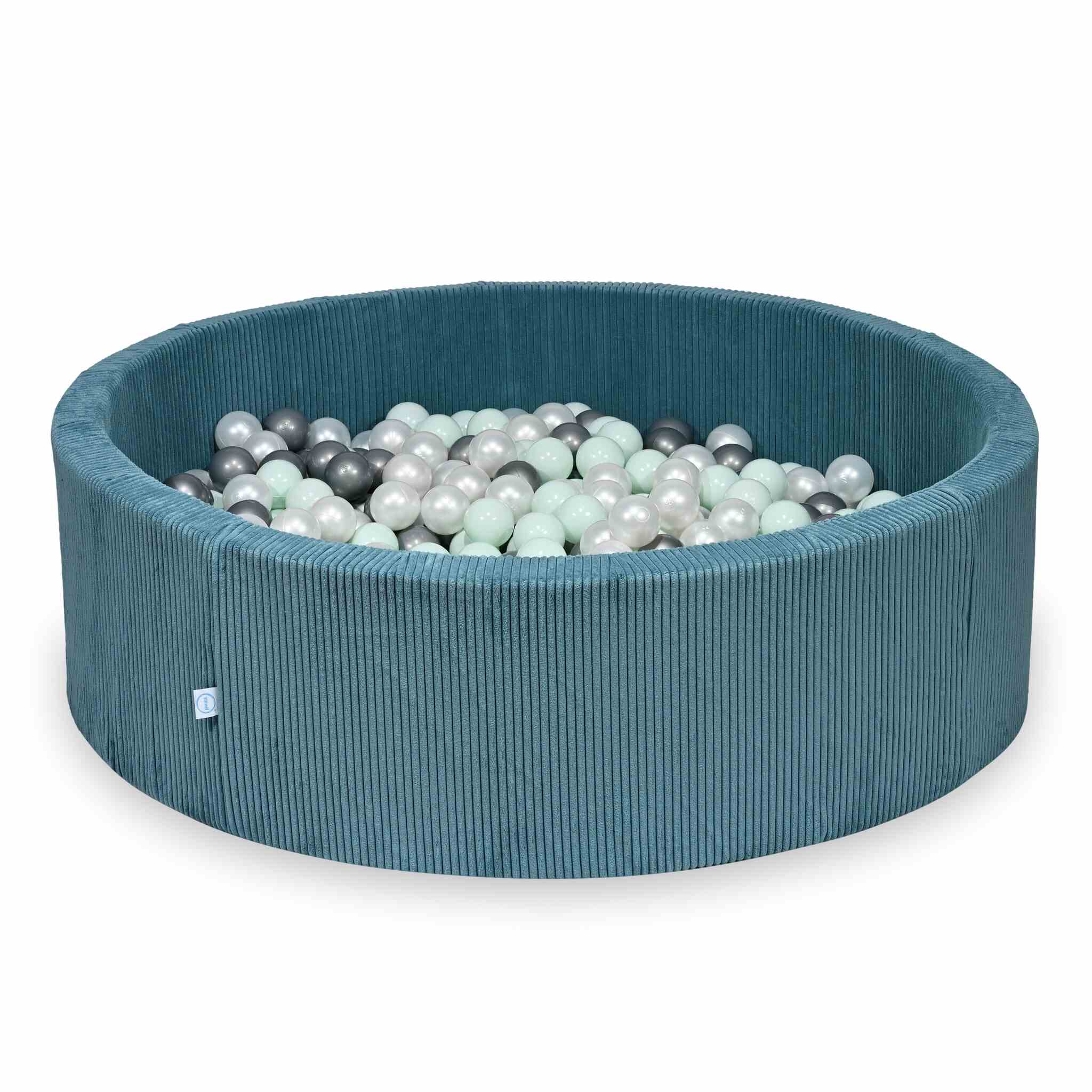 Piscine à balles ronde en velours côtelé bleu, 130x40cm – 700 balls (nacré, argenté, menthe claire)