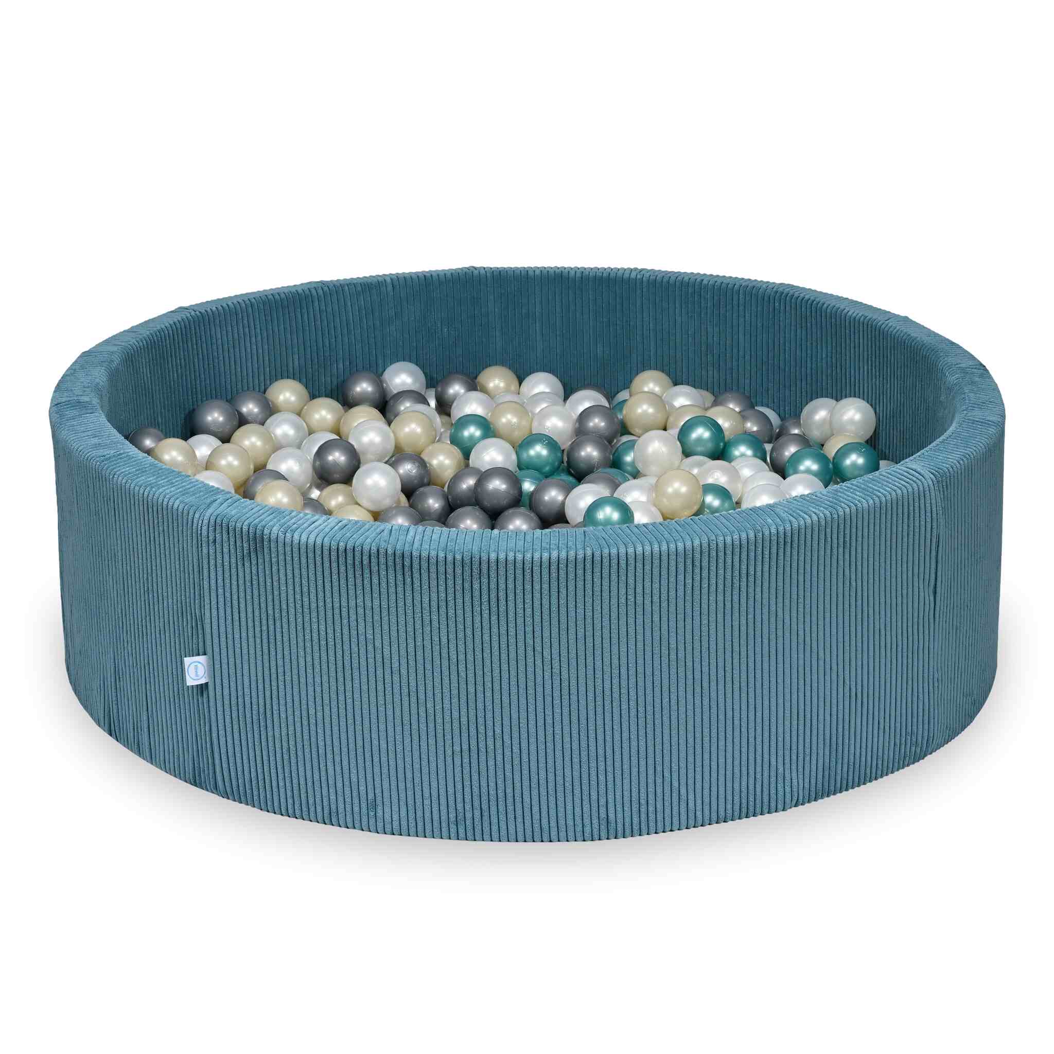 Piscine à balles ronde en velours côtelé bleu, 130x40cm – 700 balls (nacré, argenté, doré clair, turquoise métallisé)