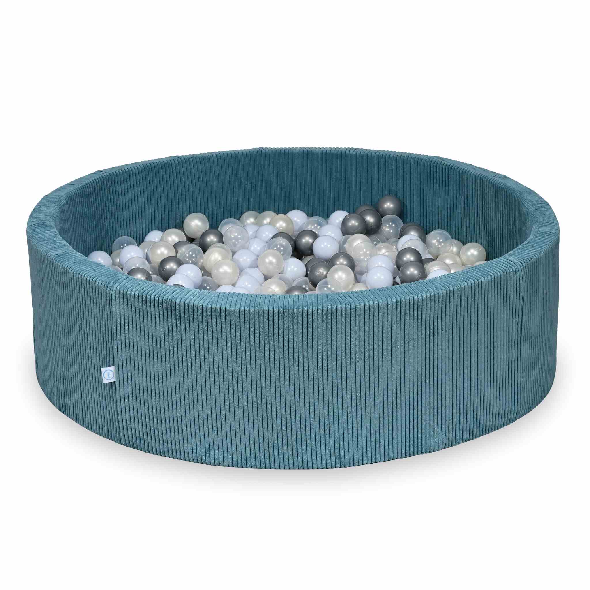 Piscine à balles ronde en velours côtelé bleu, 130x40cm – 700 balls (transparent, argenté, bleu ciel nacré, irisé)