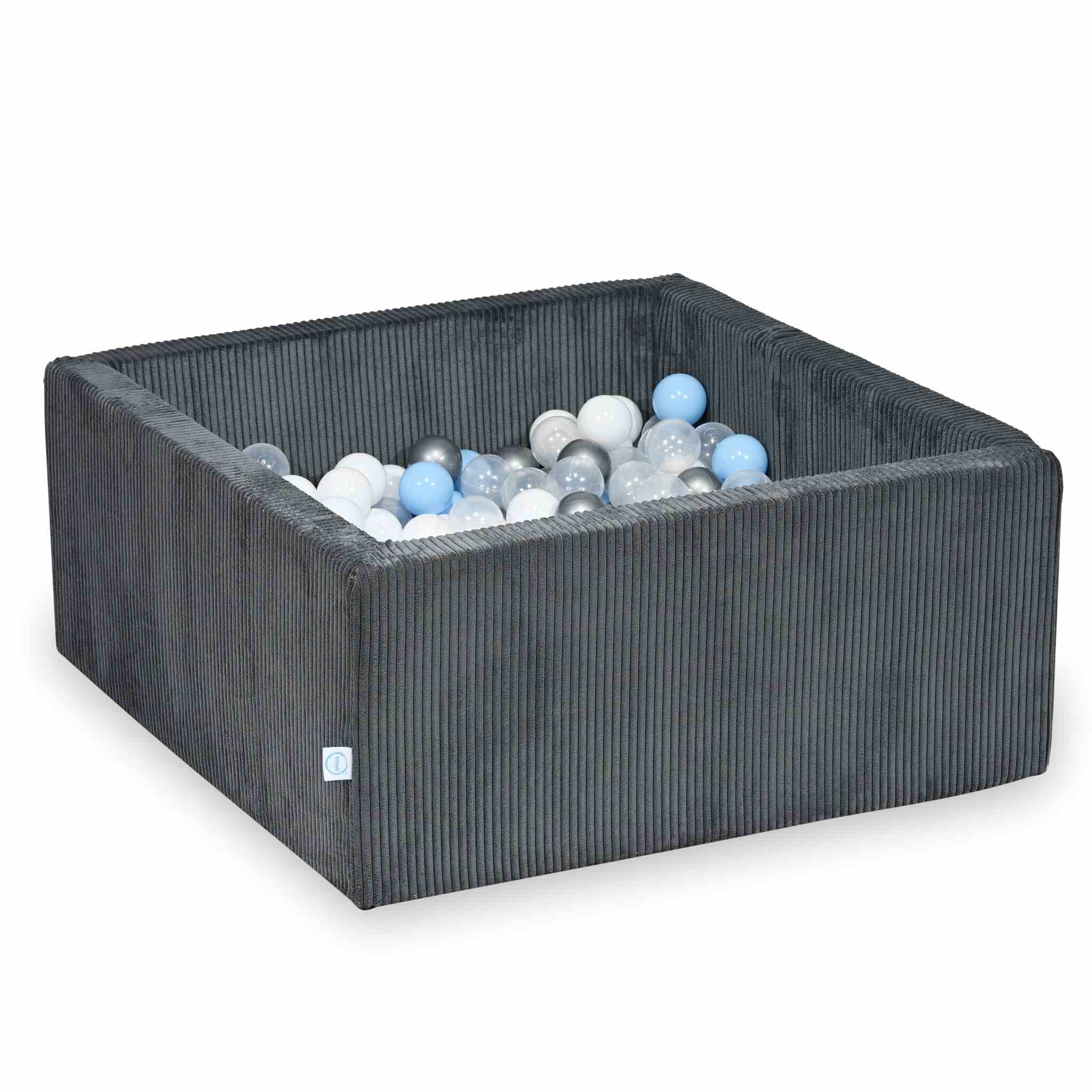 Piscine à balles square en velours côtelé graphite, 90x90x40cm – 400 balls (transparent, blanc, argenté, bleu clair)